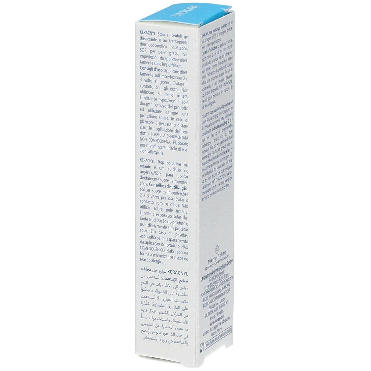 Kartonverpackung. Rückseite mit Text in mehreren Sprachen. Informationen zur Anwendung und Inhaltsstoffe. Logo.