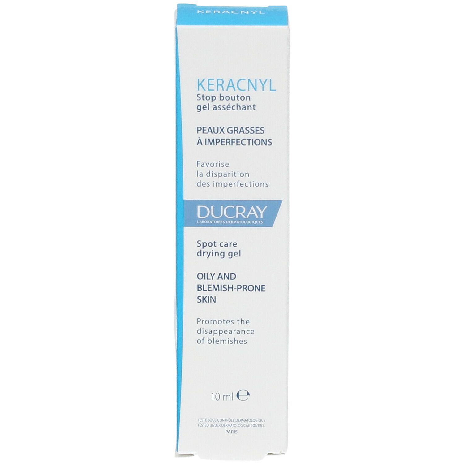 Kartonverpackung. Aufschrift: KERACNYL, Stop bouton gel asséchant, Peaux grasses à imperfections, DUCRAY, Spot care drying gel. 10 ml.