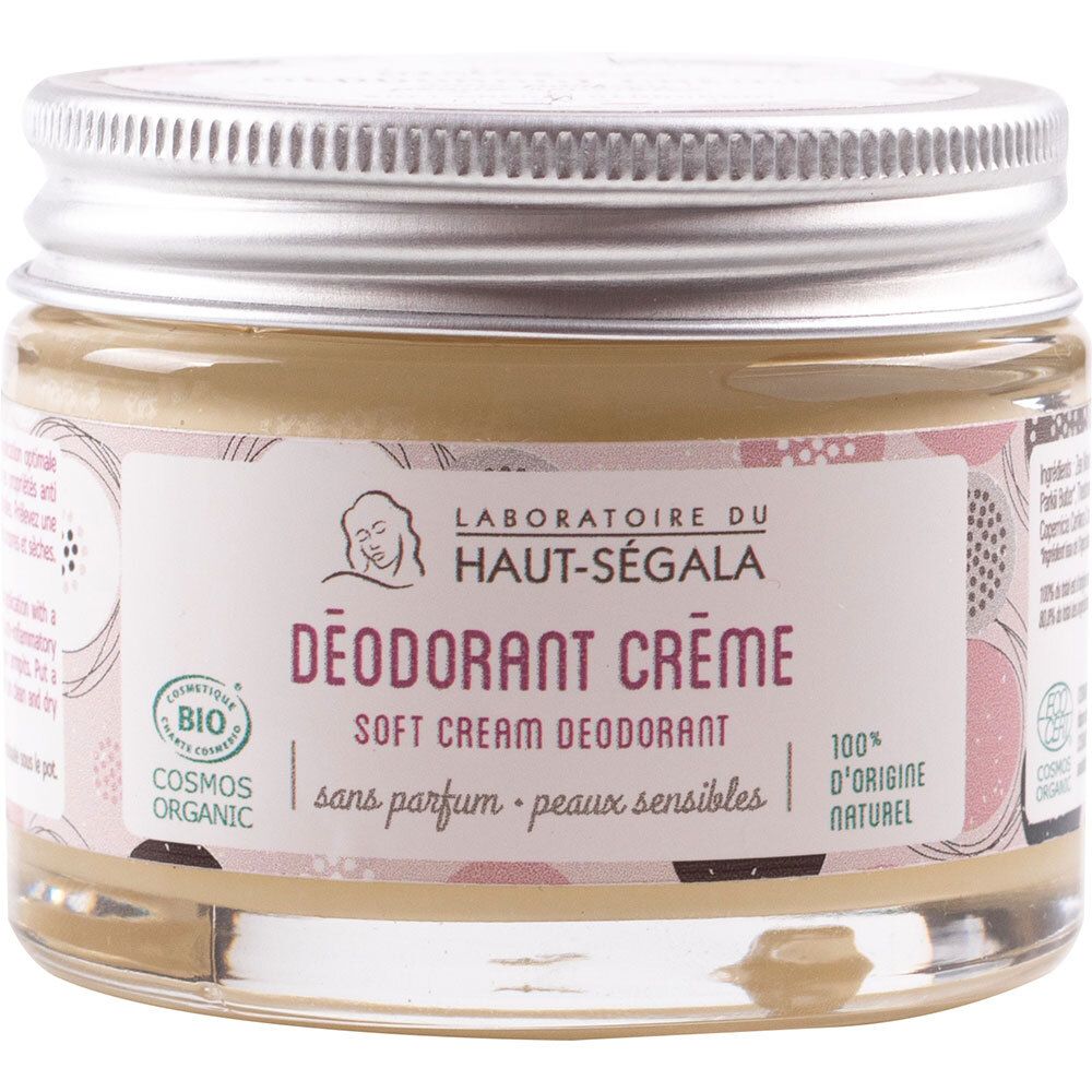 Pot de crème déodorante. Étiquette avec logo, nom du produit et certification.