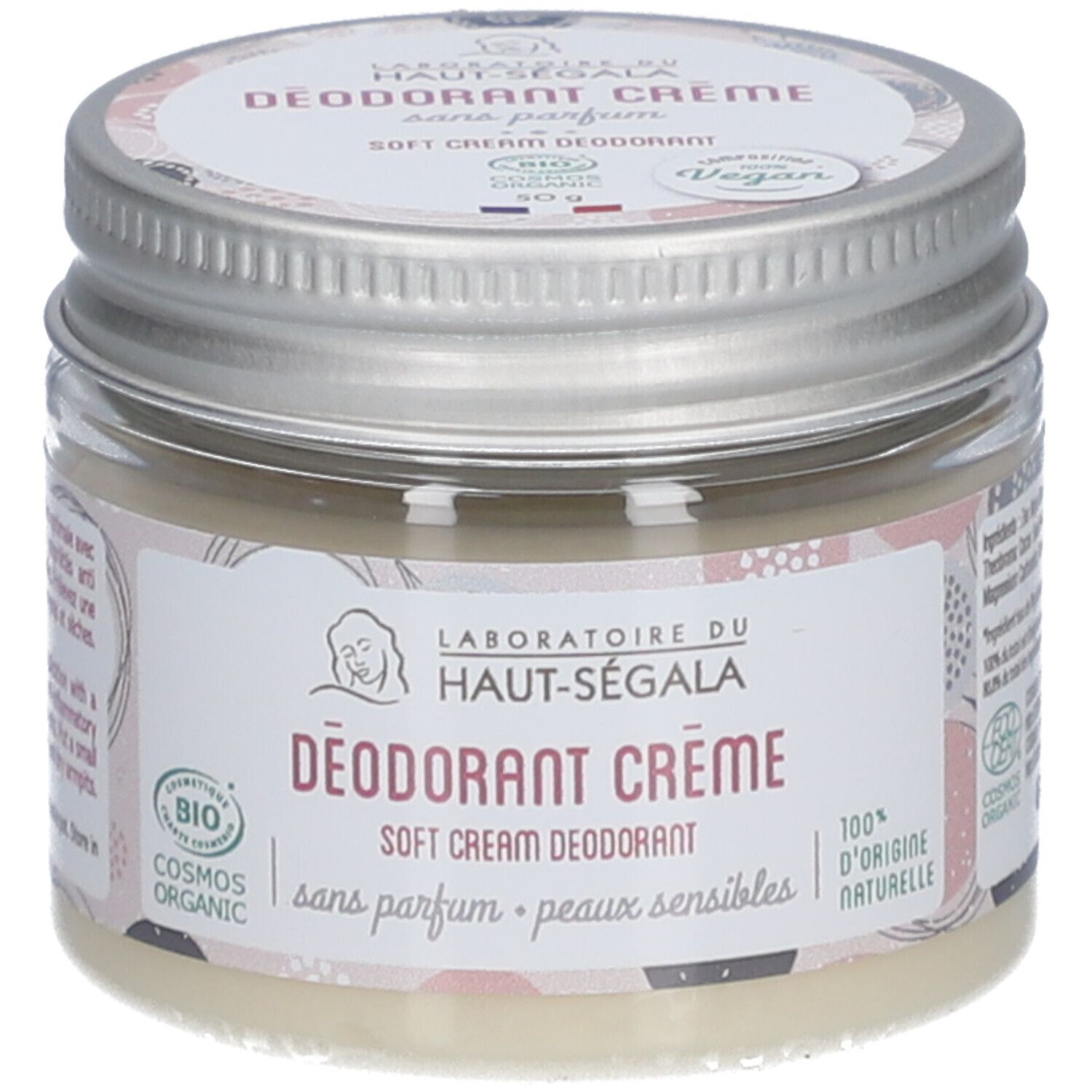 Pot de crème déodorante. Étiquette avec logo, nom du produit, label Vegan et certification.