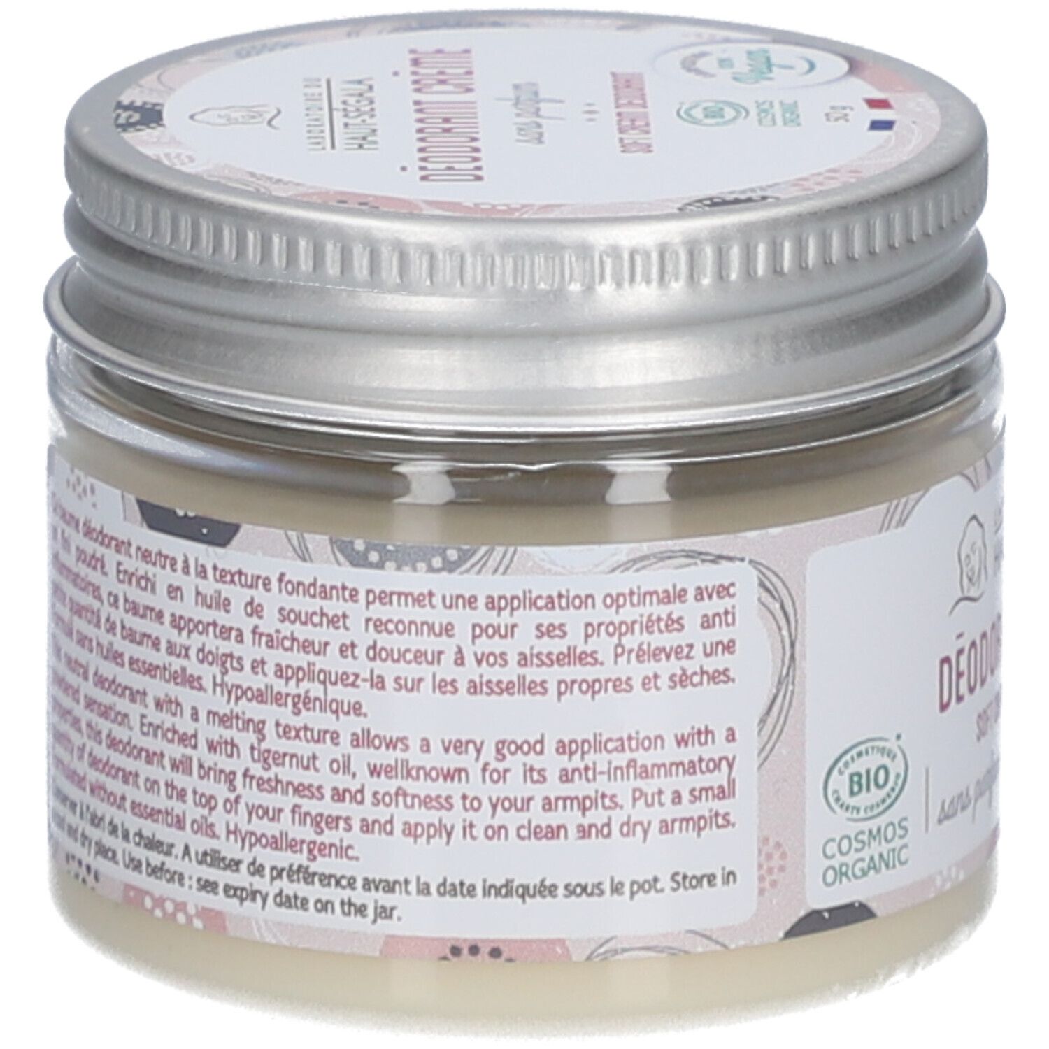 Vue arrière du pot de crème déodorante. Informations textuelles, certification et ingrédients.