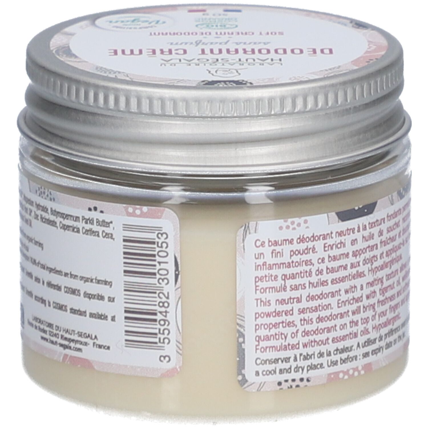 Vue arrière du pot de crème déodorante. Informations textuelles, certification et ingrédients.