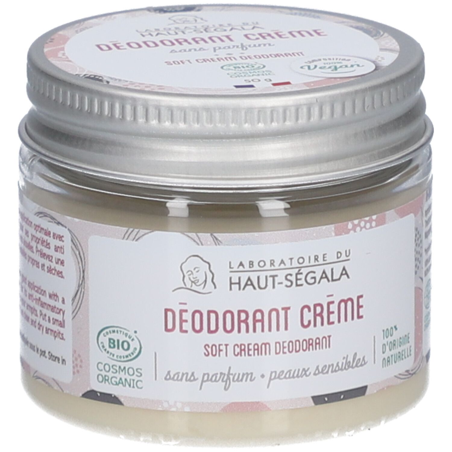 Pot de crème déodorante. Étiquette avec logo, nom du produit, label Vegan et certification.