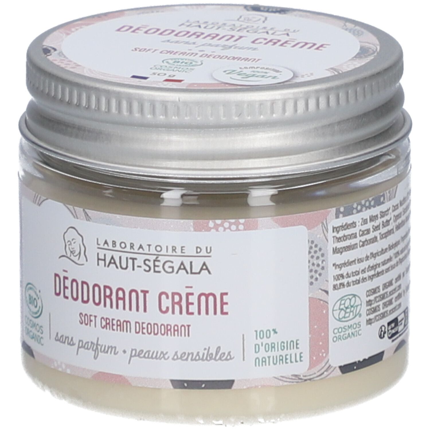 Pot de crème déodorante. Étiquette avec logo, nom du produit, label Vegan et certification.