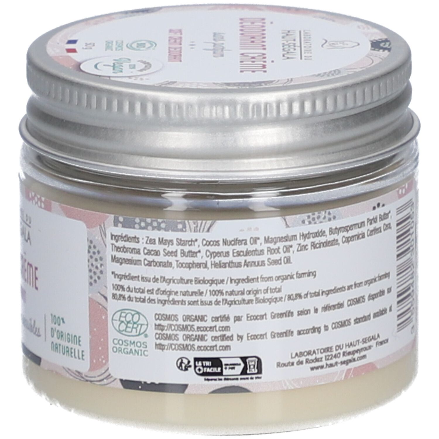 Vue arrière du pot de crème déodorante. Informations textuelles, certification et ingrédients.