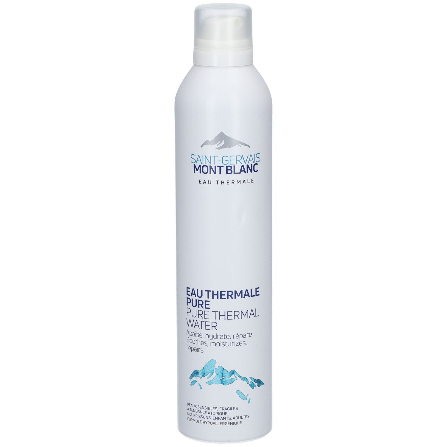 Spray blanc avec nom et logo du produit. Texte: Eau Thermale Pure Thermal Water. Illustration d'une montagne.