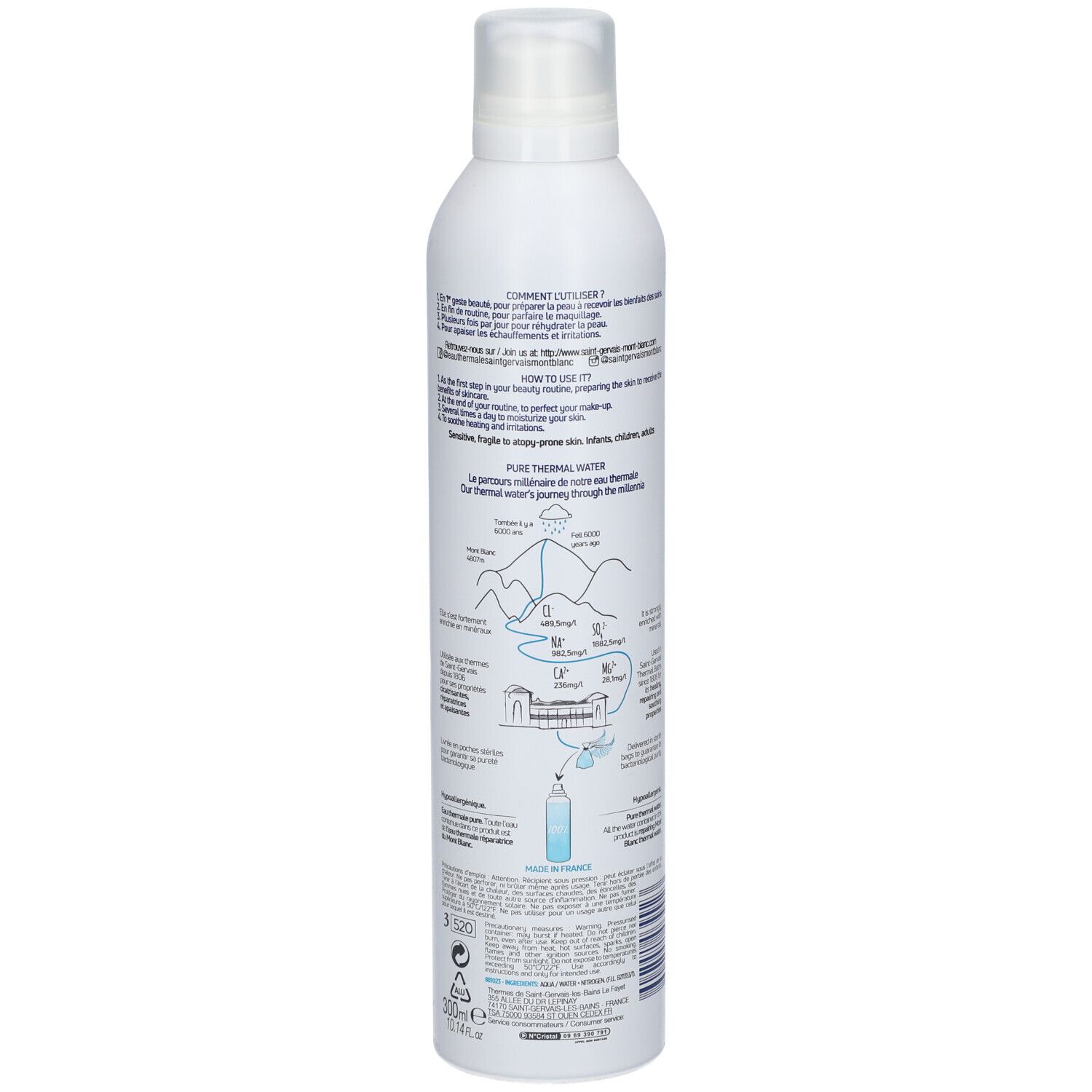 Dos du spray blanc. Texte et illustrations indiquant les instructions d'utilisation et les ingrédients. 300ml.