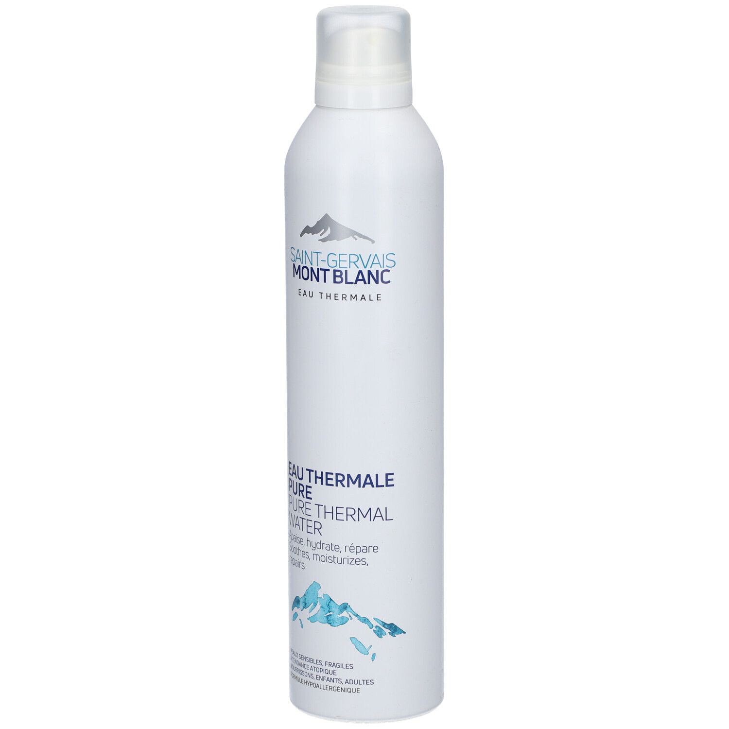 Spray blanc avec nom et logo du produit. Texte: Eau Thermale Pure Thermal Water. Illustration d'une montagne.