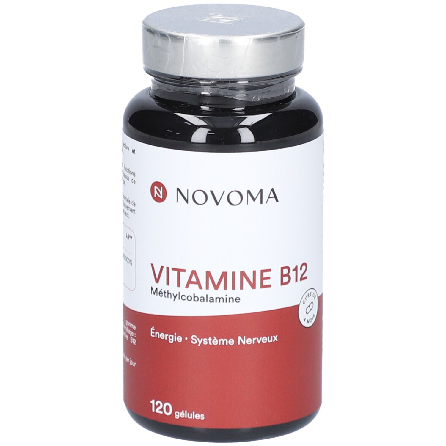 Schwarze Flasche mit NOVOMA VITAMINE B12. Aufschrift: Vitamine B12, 120 Gélules. Silberner Deckel.