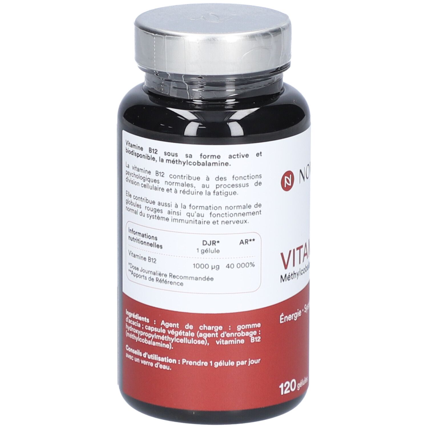 Rückseite der Flasche NOVOMA VITAMINE B12. Text mit Nährwertangaben und Inhaltsstoffen. Roter Hintergrund.