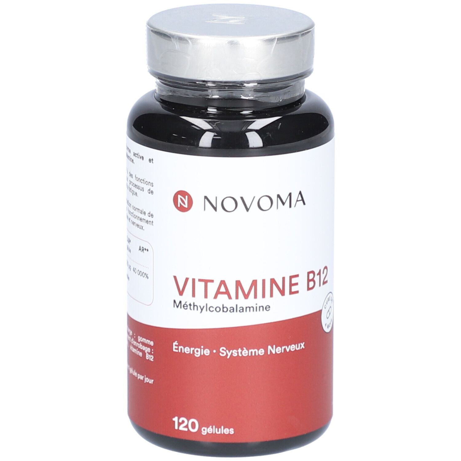 Schwarze Flasche NOVOMA VITAMINE B12. Aufschrift: Vitamine B12, 120 Gélules. Silberner Deckel.