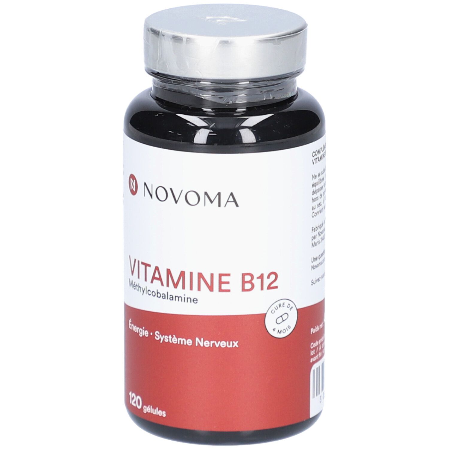 Schwarze Flasche NOVOMA VITAMINE B12. Aufschrift: Vitamine B12, 120 Gélules. Silberner Deckel. Mit Logo.