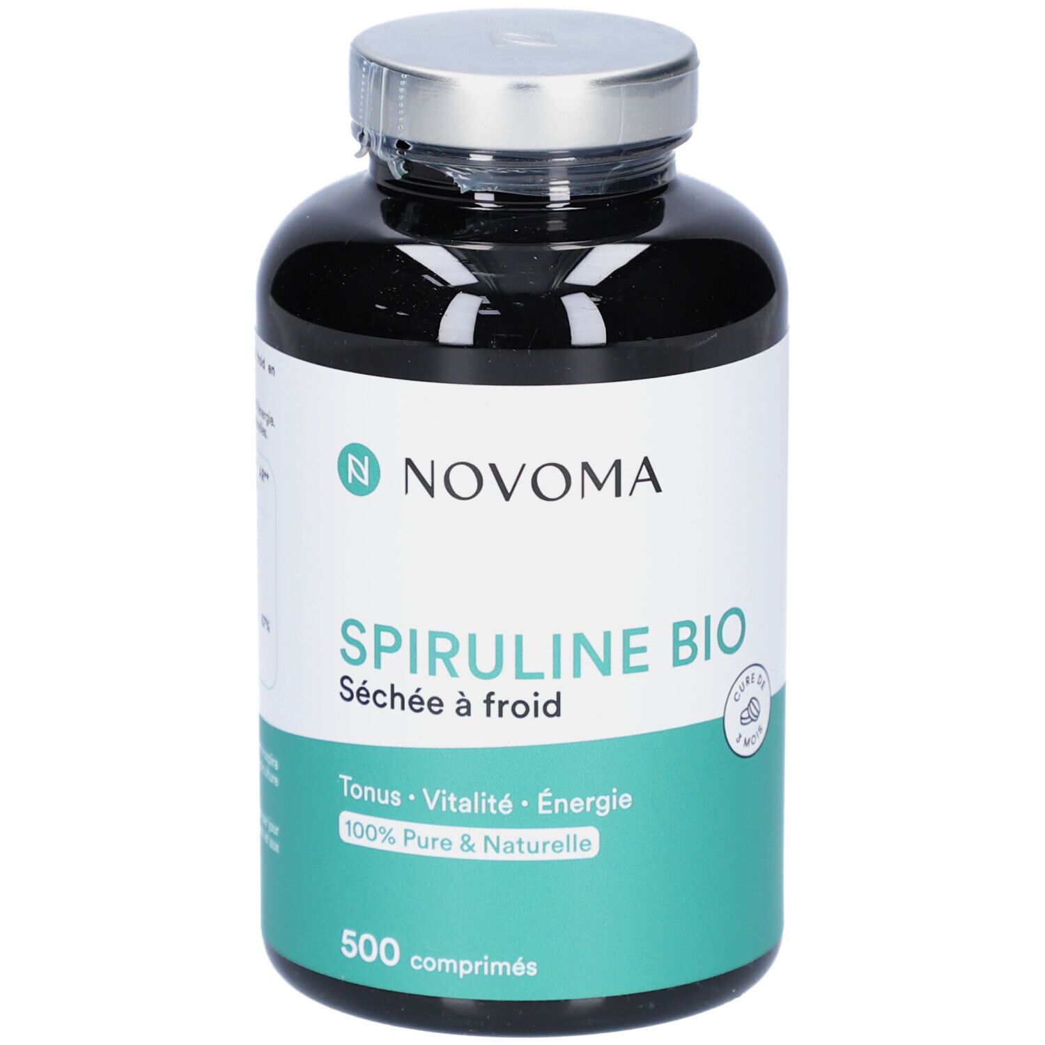 Flacon noir NOVOMA SPIRULINE BIO. 500 comprimés. Bouchon argenté. Étiquette blanche et verte.