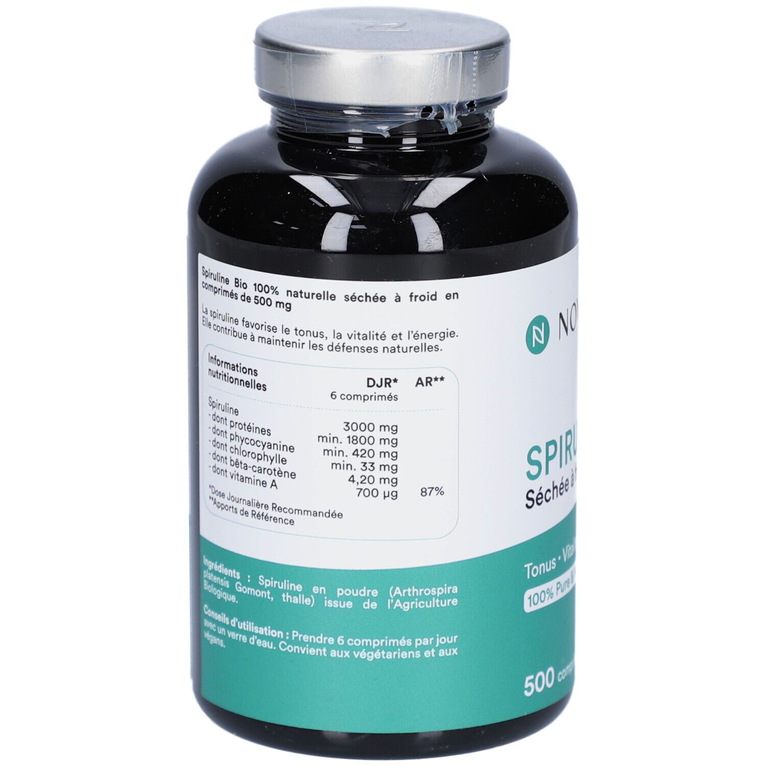 Dos du flacon noir NOVOMA SPIRULINE BIO. Informations nutritionnelles et ingrédients. Étiquette verte, texte blanc.