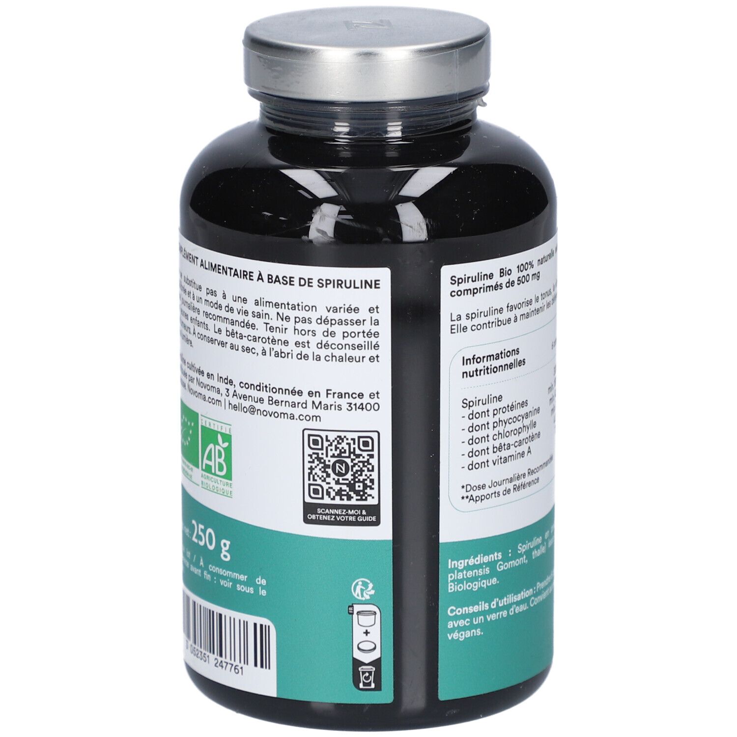 Dos du flacon NOVOMA SPIRULINE BIO. 250g. Certification AB bio. Code QR. Étiquette verte, texte blanc.