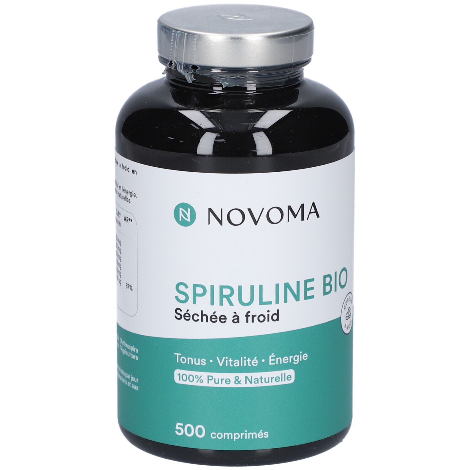 Flacon noir NOVOMA SPIRULINE BIO. 500 comprimés. Étiquette verte, texte blanc. Bouchon argenté.