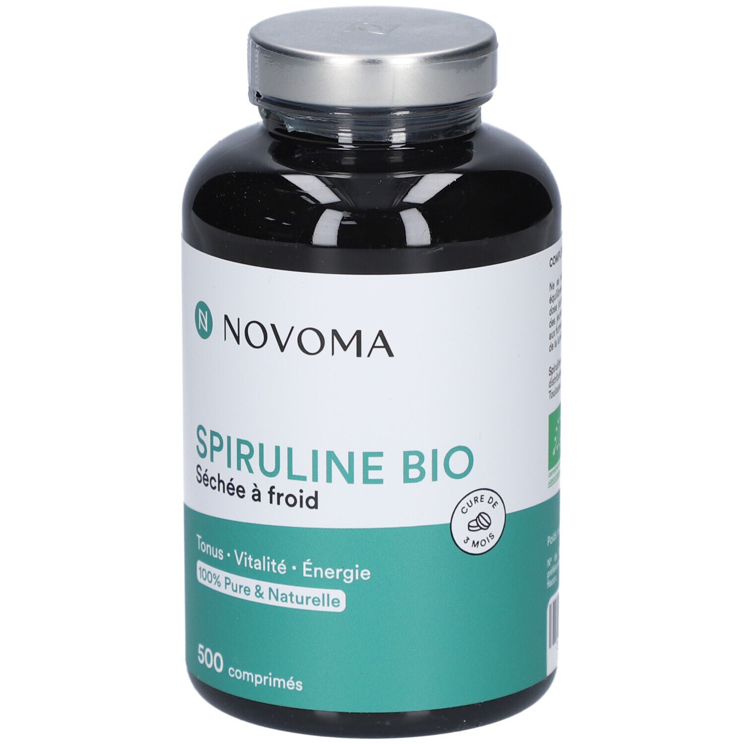 Flacon noir NOVOMA SPIRULINE BIO. 500 comprimés. Étiquette verte. Bouchon argenté. Autocollant: cure de 2 mois.