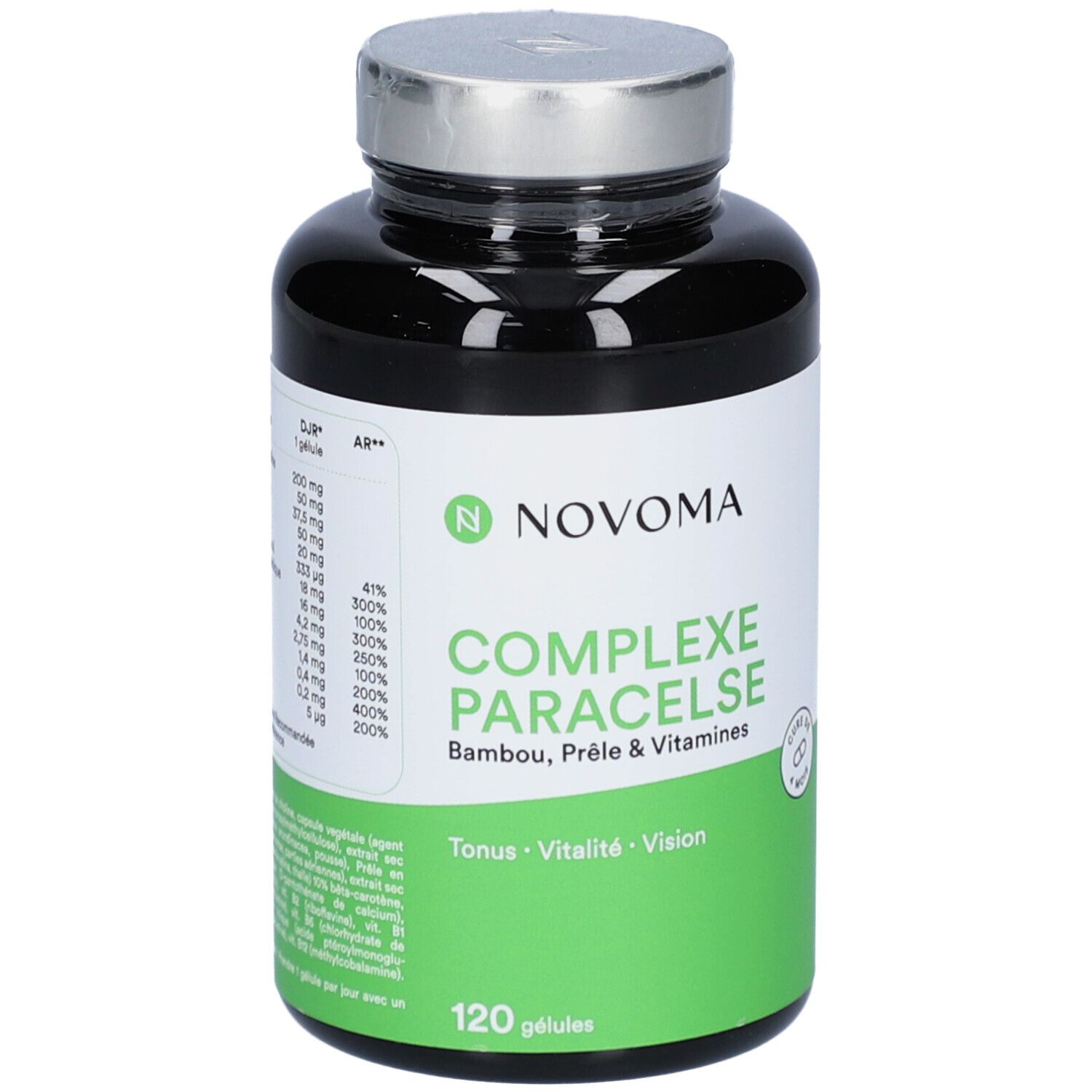 Flacon noir NOVOMA COMPLEXE PARACELSE. Étiquette verte avec texte. 120 gélules. Couvercle argenté.