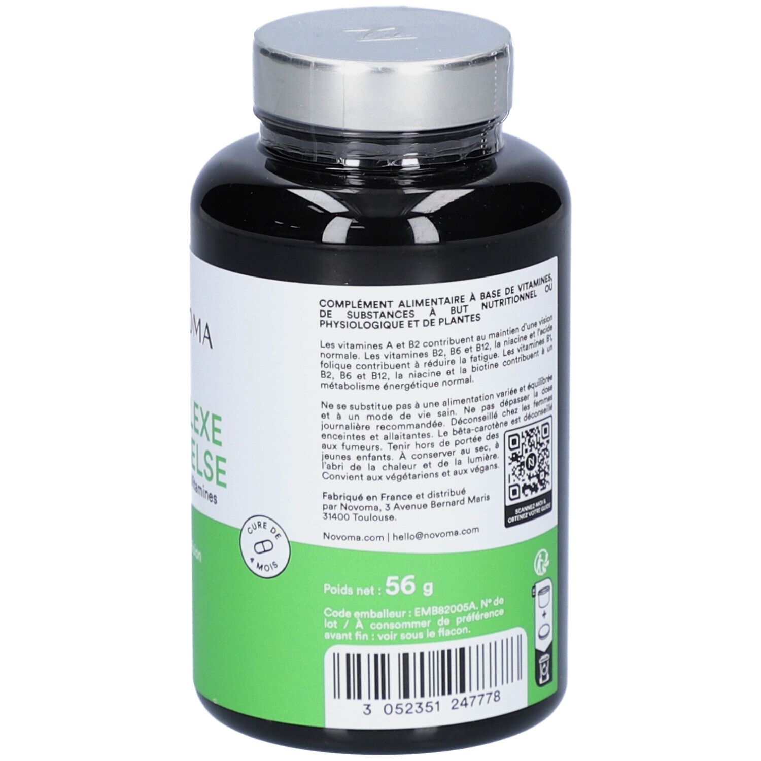 Flacon noir NOVOMA COMPLEXE PARACELSE. Étiquette avec texte et QR code. 56 g.