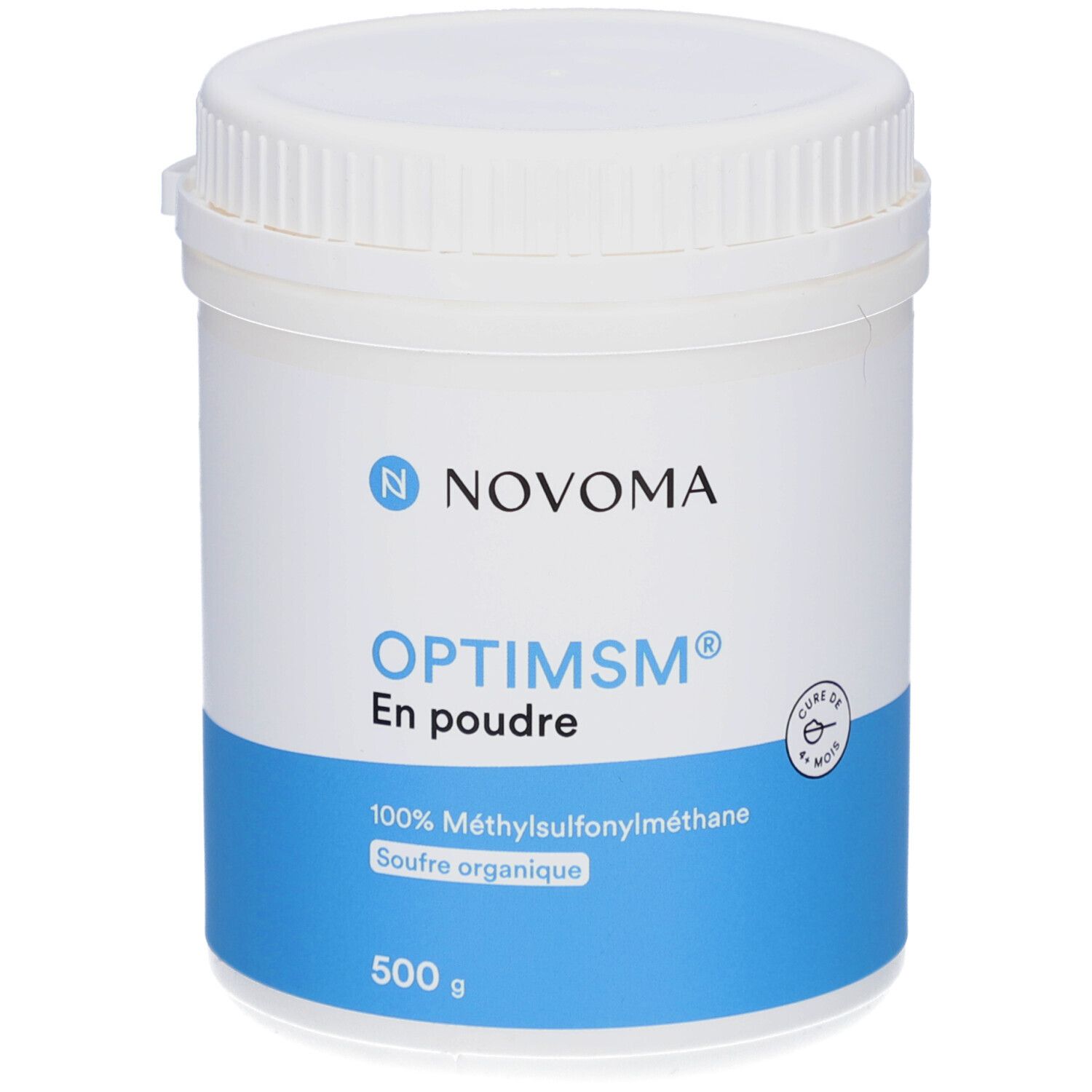 Weiße Dose mit blauem Streifen. NOVOMA OPTIMSM En poudre. 500 g. 100% Methylsulfonylmethan.