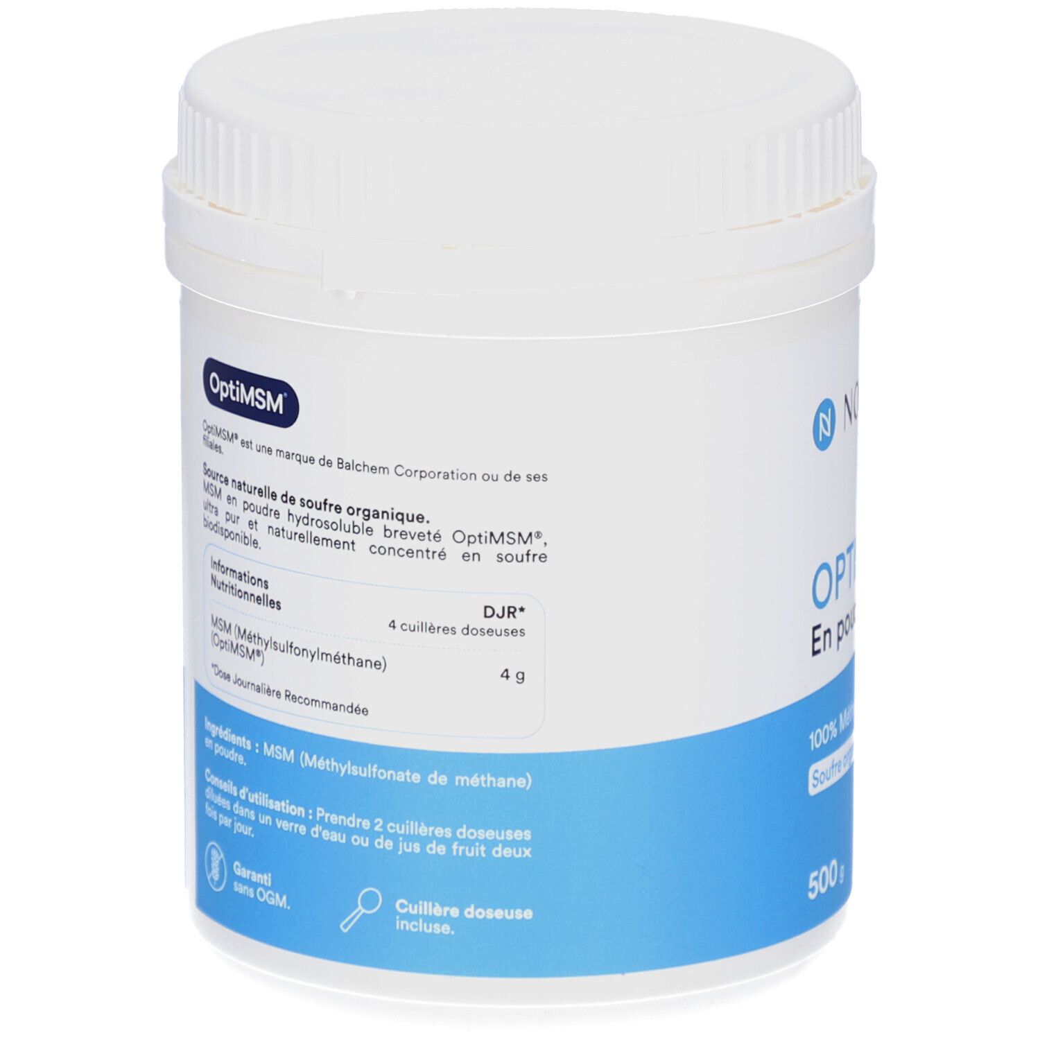 Weiße Dose, Rückseite. Informationen zu OptiMSM. 500 g. Dosierlöffel enthalten. Zutaten: MSM.