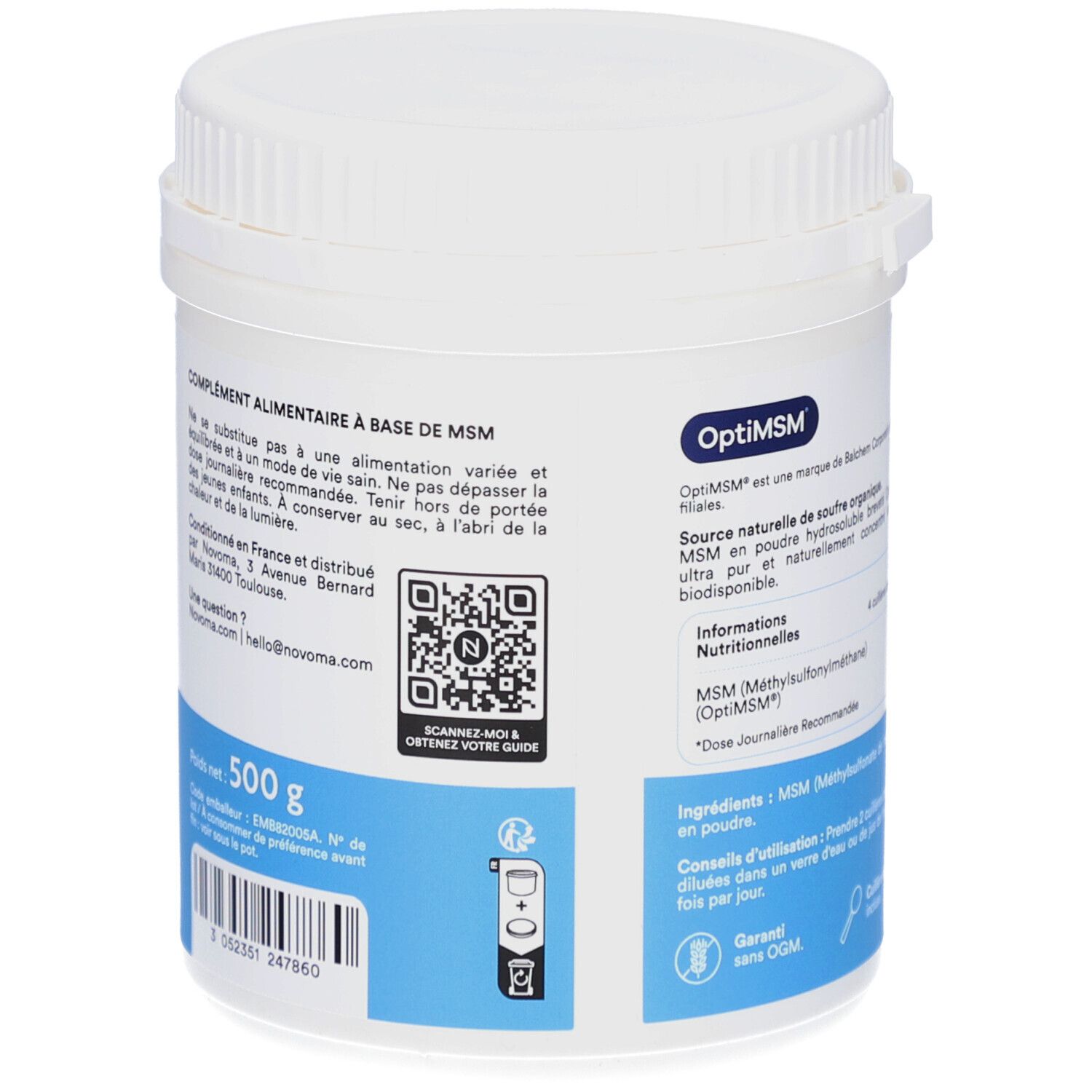 Weiße Dose, Rückseite. Ergänzungsmittel auf MSM-Basis. QR-Code. 500 g. Garantiert ohne GVO.