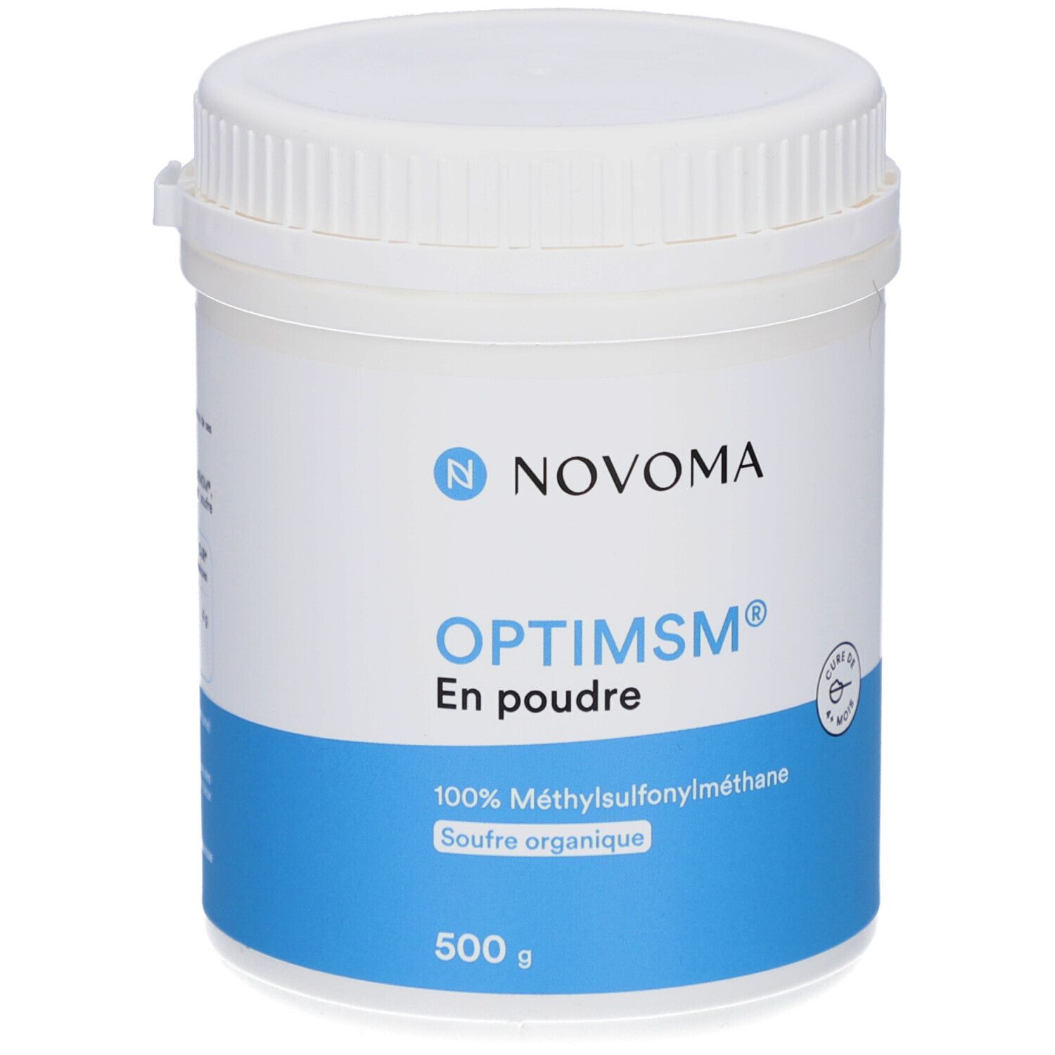 Weiße Dose mit blauem Streifen. NOVOMA OPTIMSM En poudre. 500 g. 100% Methylsulfonylmethan.