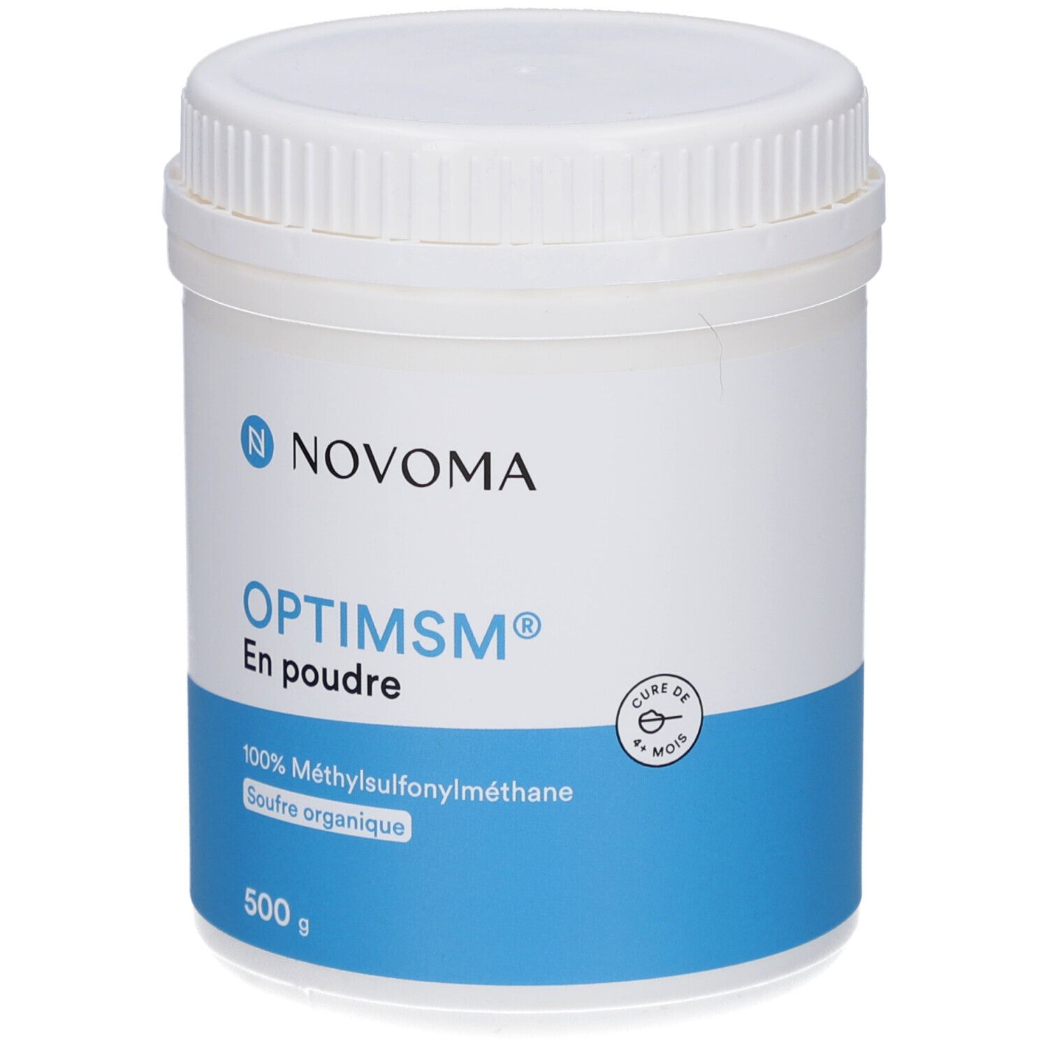 Weiße Dose mit blauem Streifen. NOVOMA OPTIMSM En poudre. 500 g. 100% Methylsulfonylmethan. Cure de 6 mois.