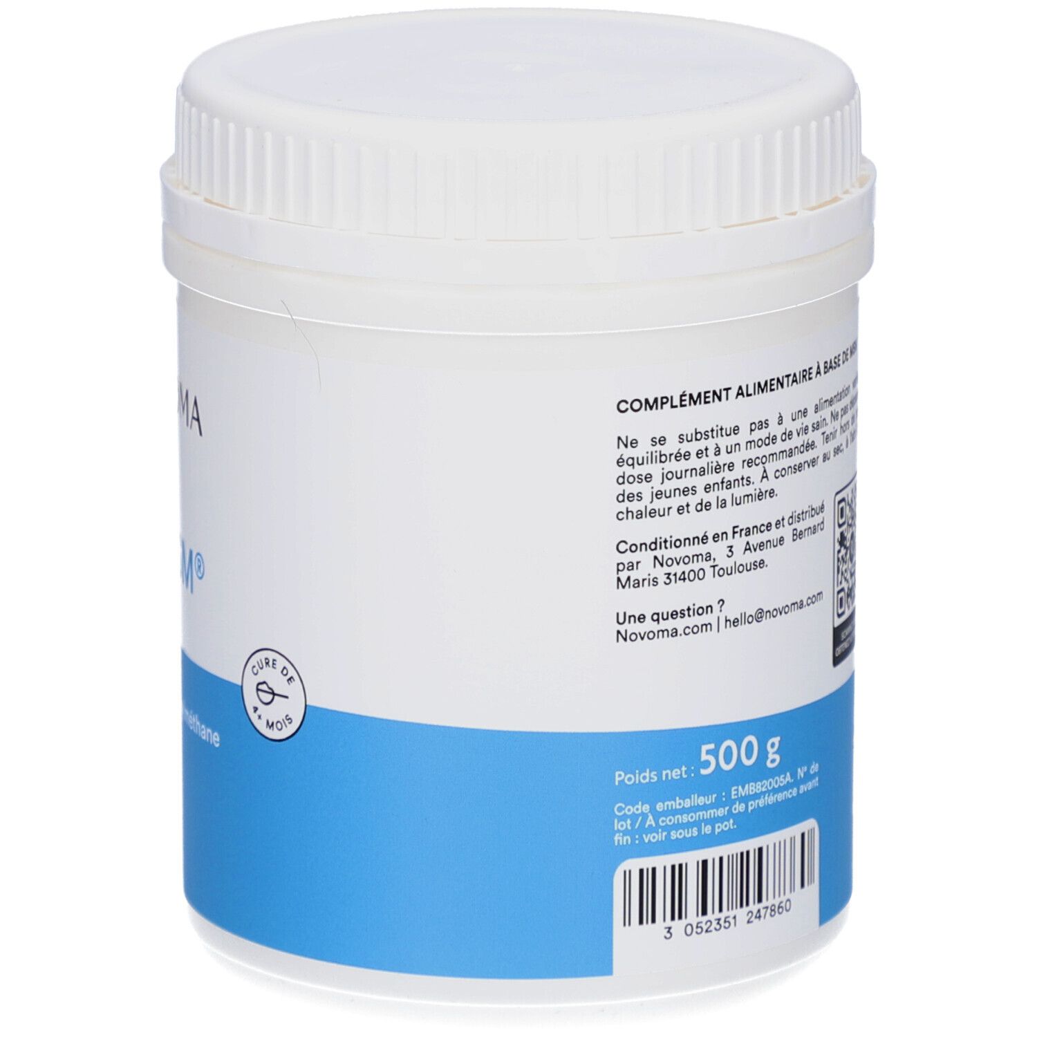 Weiße Dose, Rückseite. Ergänzungsmittel auf MSM-Basis. 500 g. Cure de 6 mois. Garantiert ohne GVO.