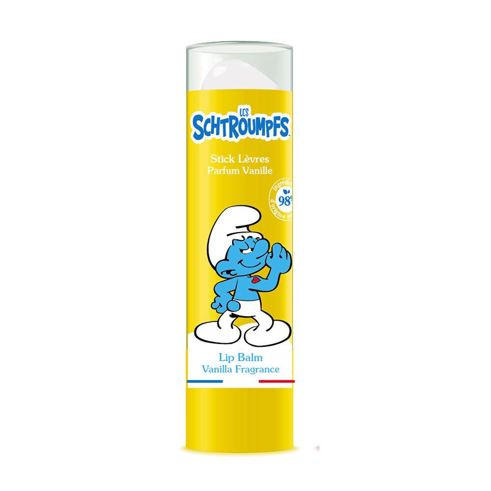 Stick à lèvres jaune avec couvercle transparent. Inscription: Les Schtroumpfs, Schtroumpf bleu, texte.