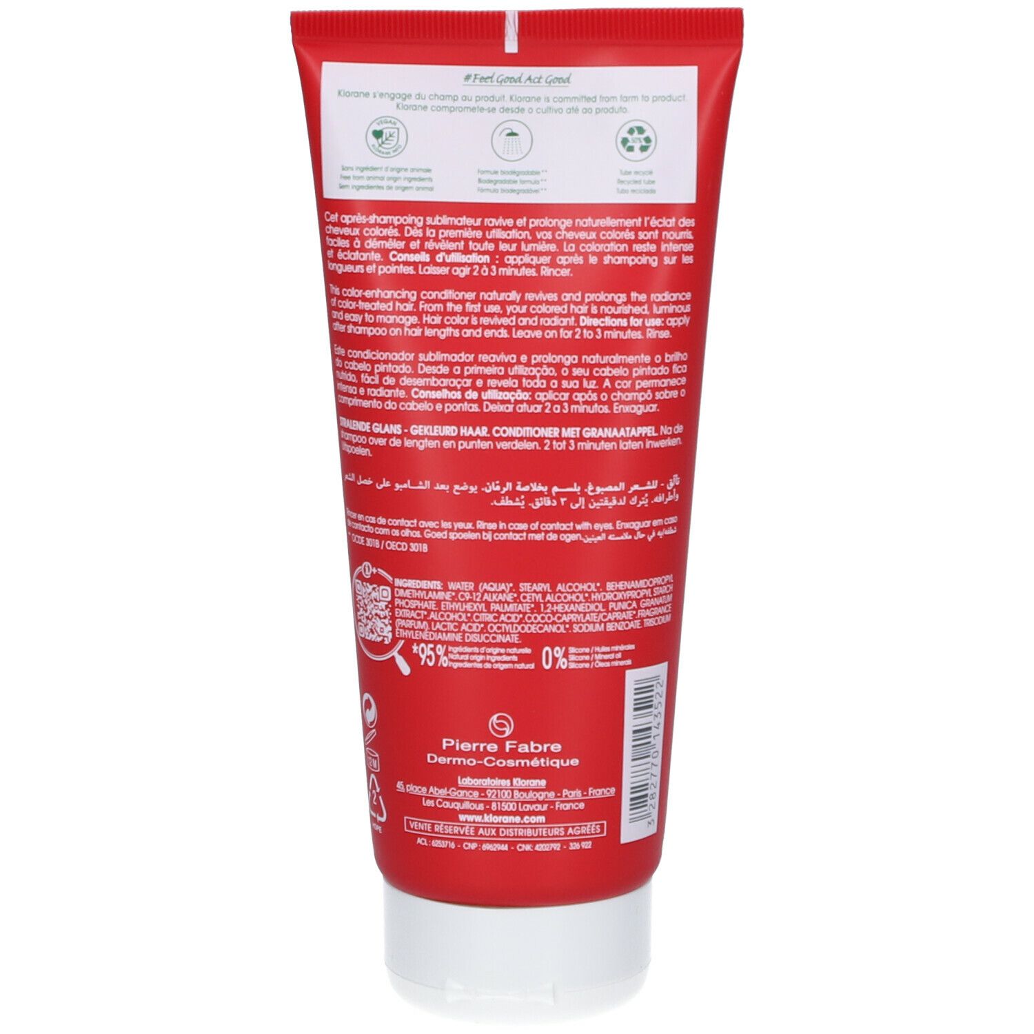 Dos du tube rouge. Texte: ingrédients, instructions, symboles de recyclage, certifications. Marque: Pierre Fabre.