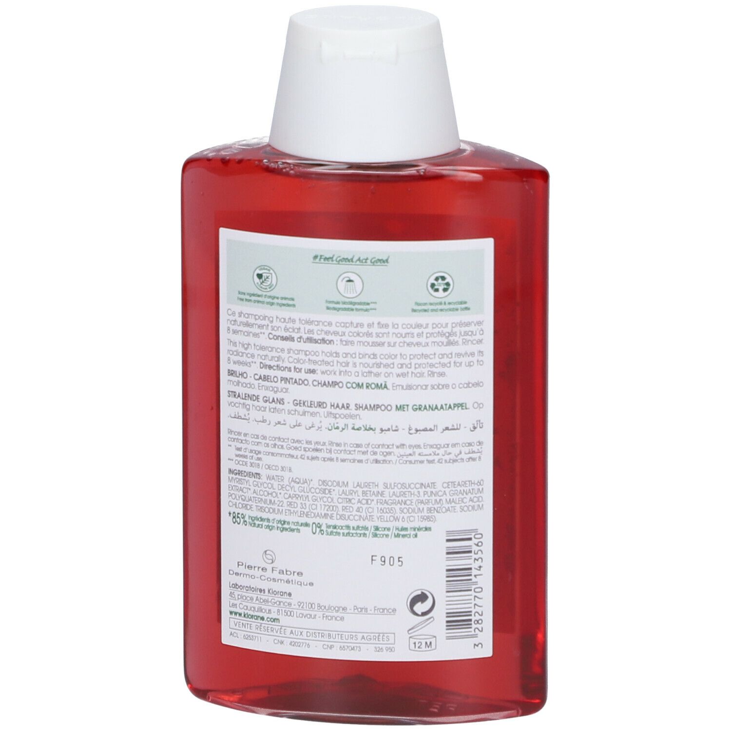 Rückseite der roten Shampoo-Flasche. Textinformationen und Inhaltsstoffe. Recycling-Symbol.