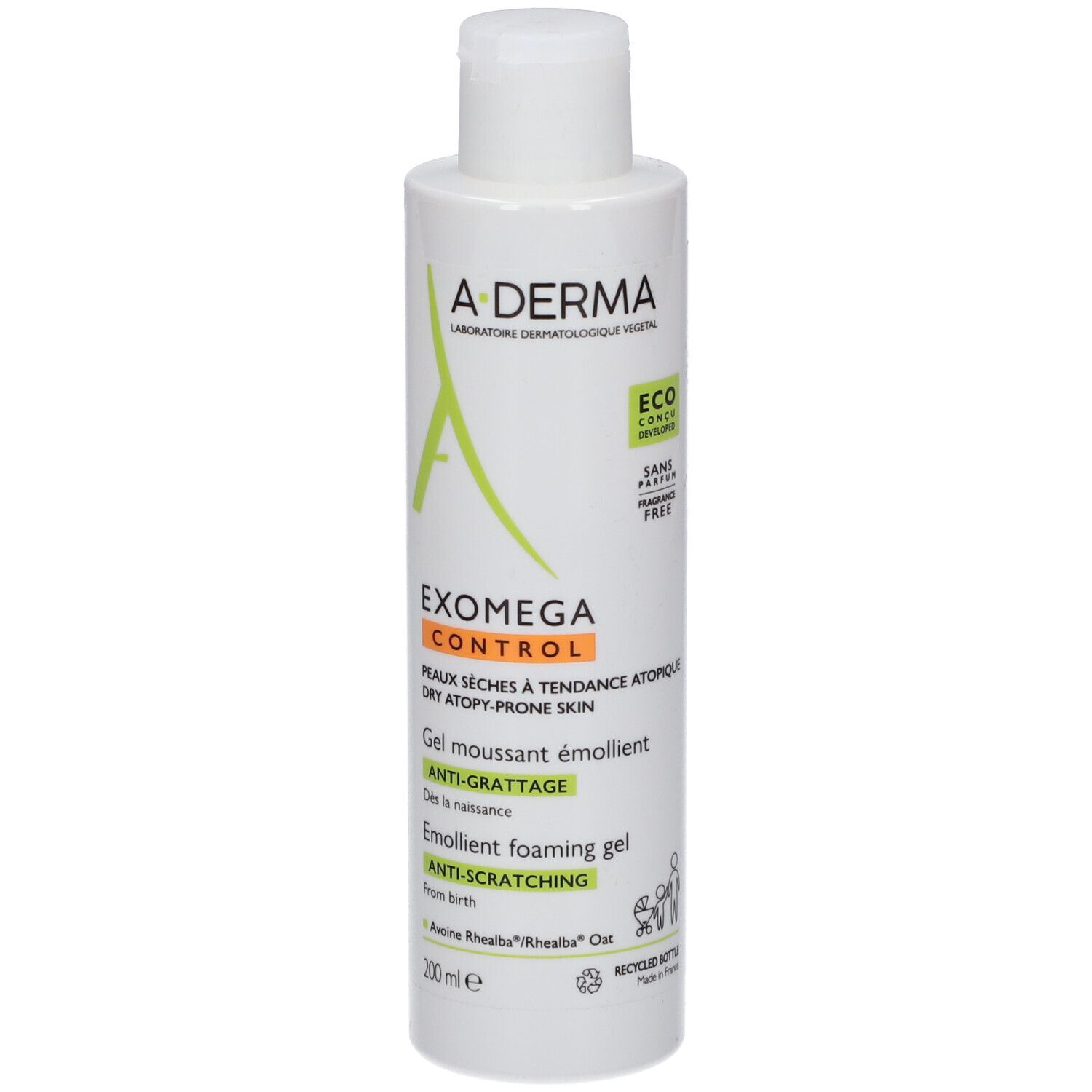 Flacon blanc A-DERMA. Gel moussant émollient pour peaux sèches à tendance atopique. Logo vert et texte.