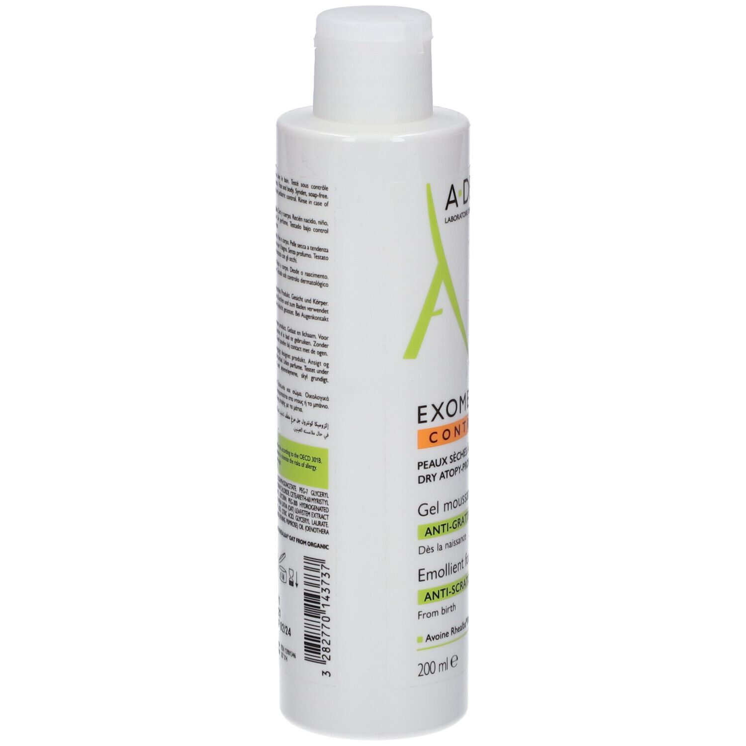 Dos du flacon blanc. Texte multilingue. Informations sur le produit, fabricant et certifications.