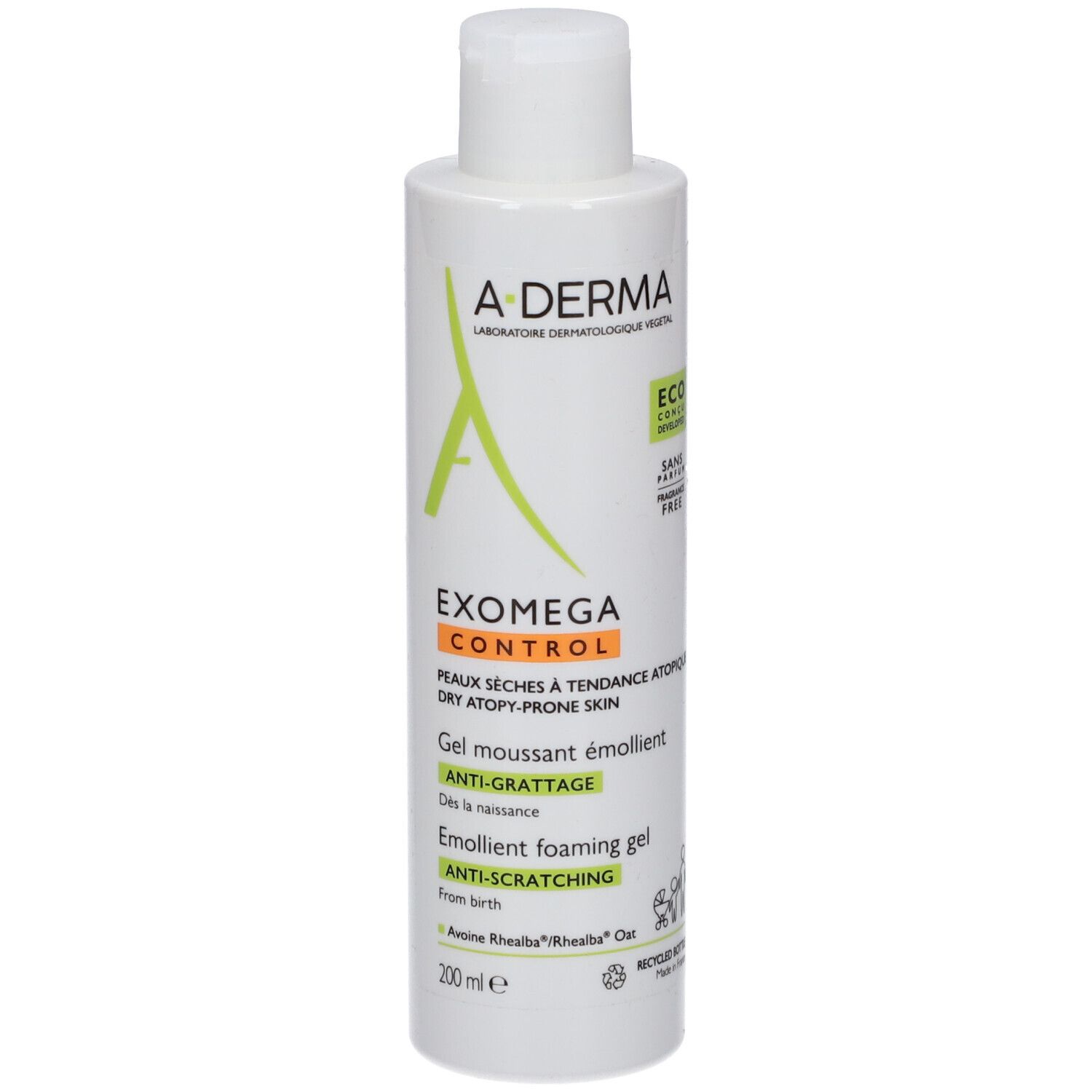 Flacon blanc A-DERMA. Gel moussant émollient pour peaux sèches à tendance atopique. Logo vert et texte.