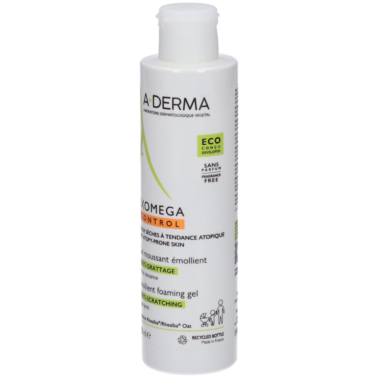 Flacon blanc A-DERMA. Gel moussant émollient pour peaux sèches à tendance atopique. Logo vert et texte.