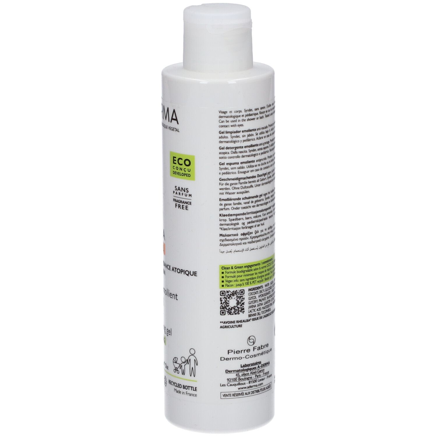 Dos du flacon blanc. Texte multilingue. Informations sur le produit, fabricant et certifications.