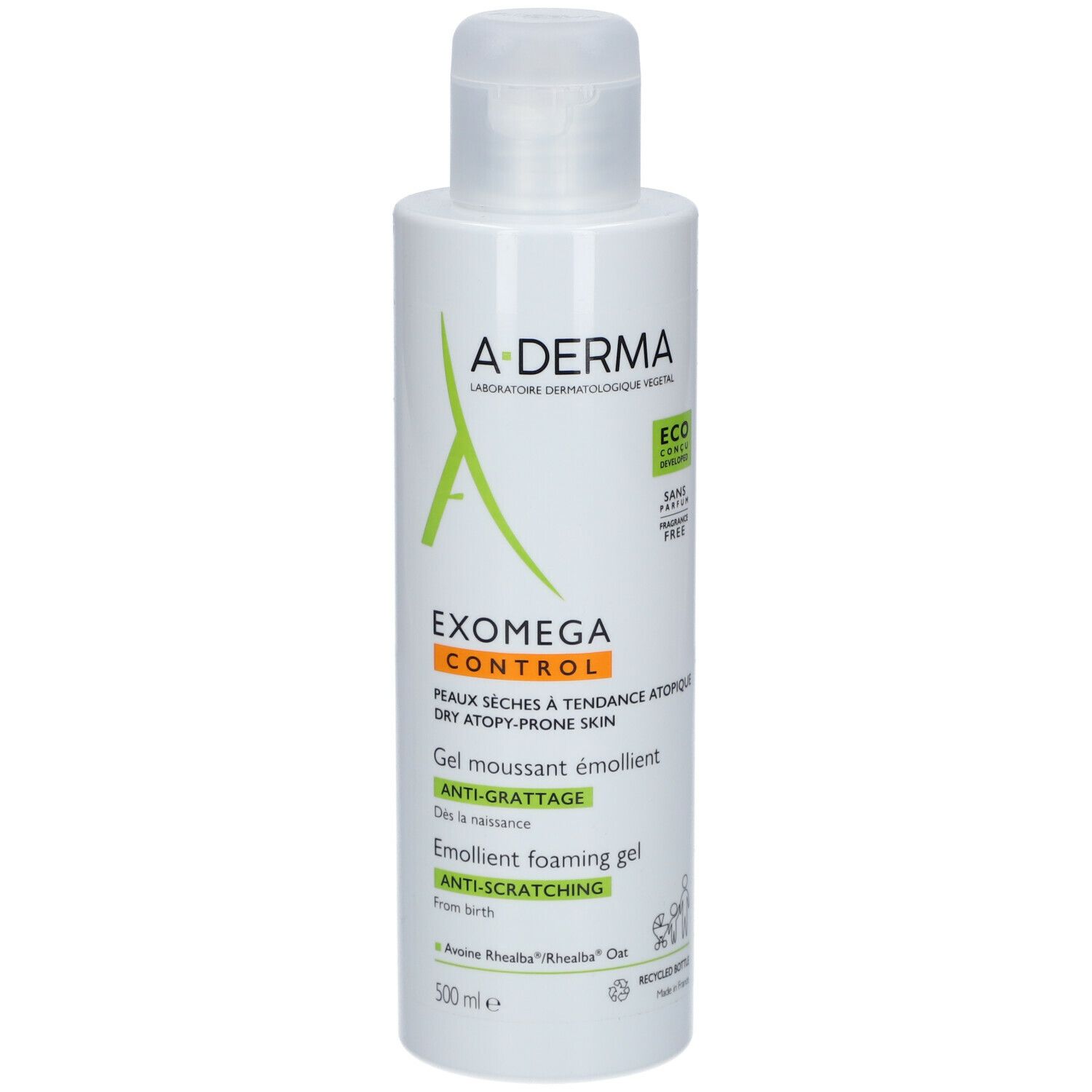 Gel A-DERMA EXOMEGA CONTROL. Flacon blanc avec logo vert et texte. Contient 500 ml.