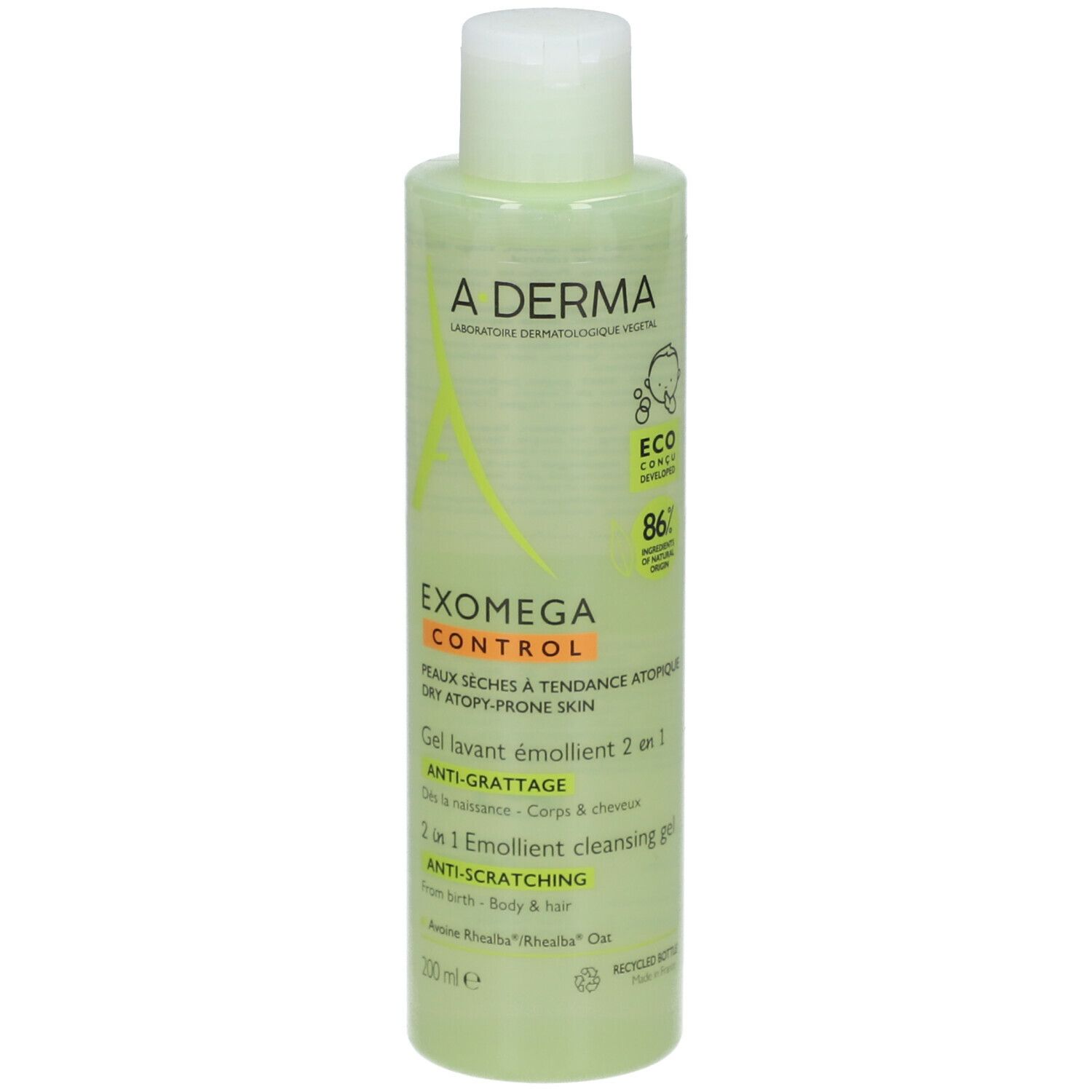 Flacon vert avec bouchon blanc. A-DERMA EXOMEGA CONTROL Gel. Texte: 2 en 1, anti-grattage.