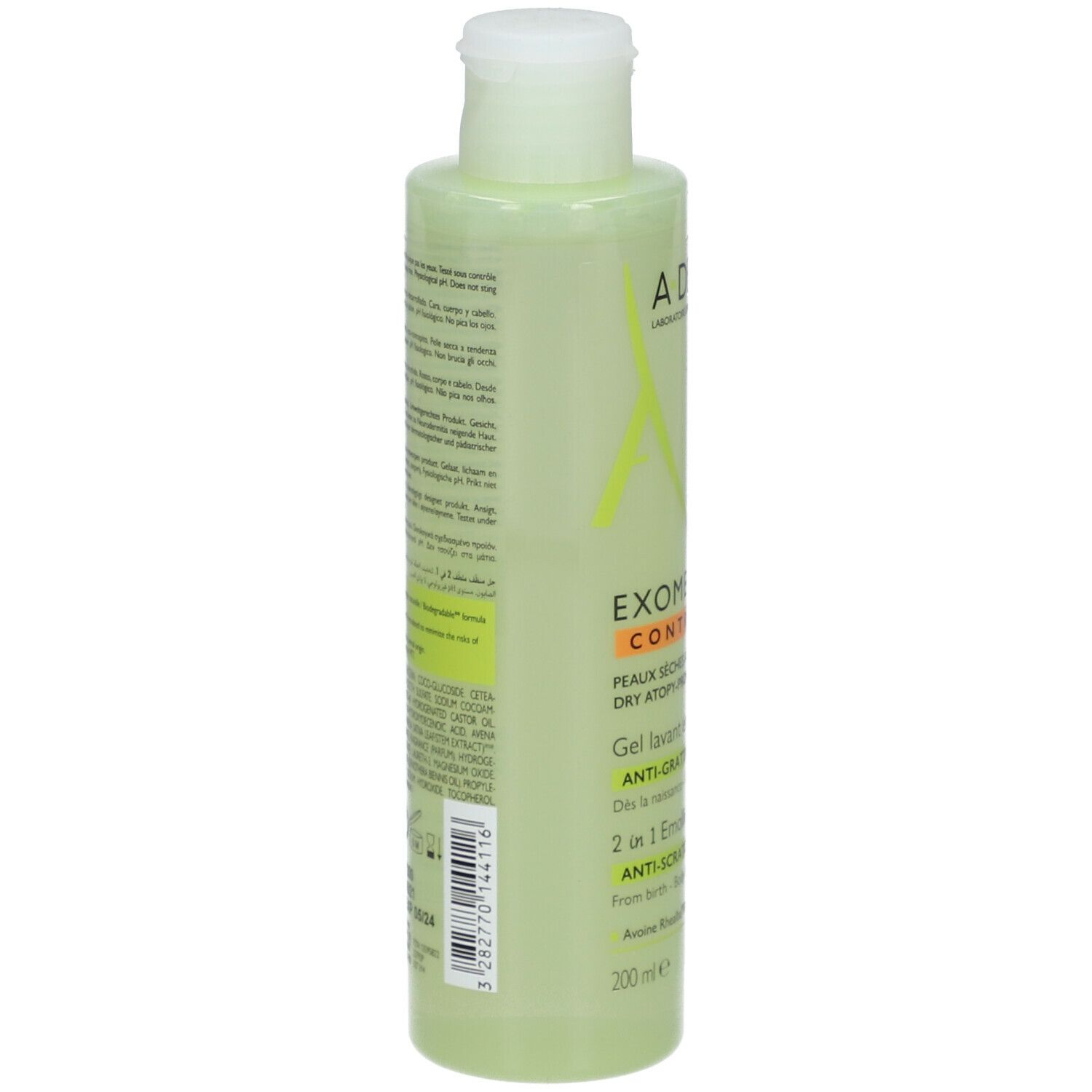 Dos du flacon vert. Texte: ingrédients, informations fabricant, code QR, logo de recyclage.
