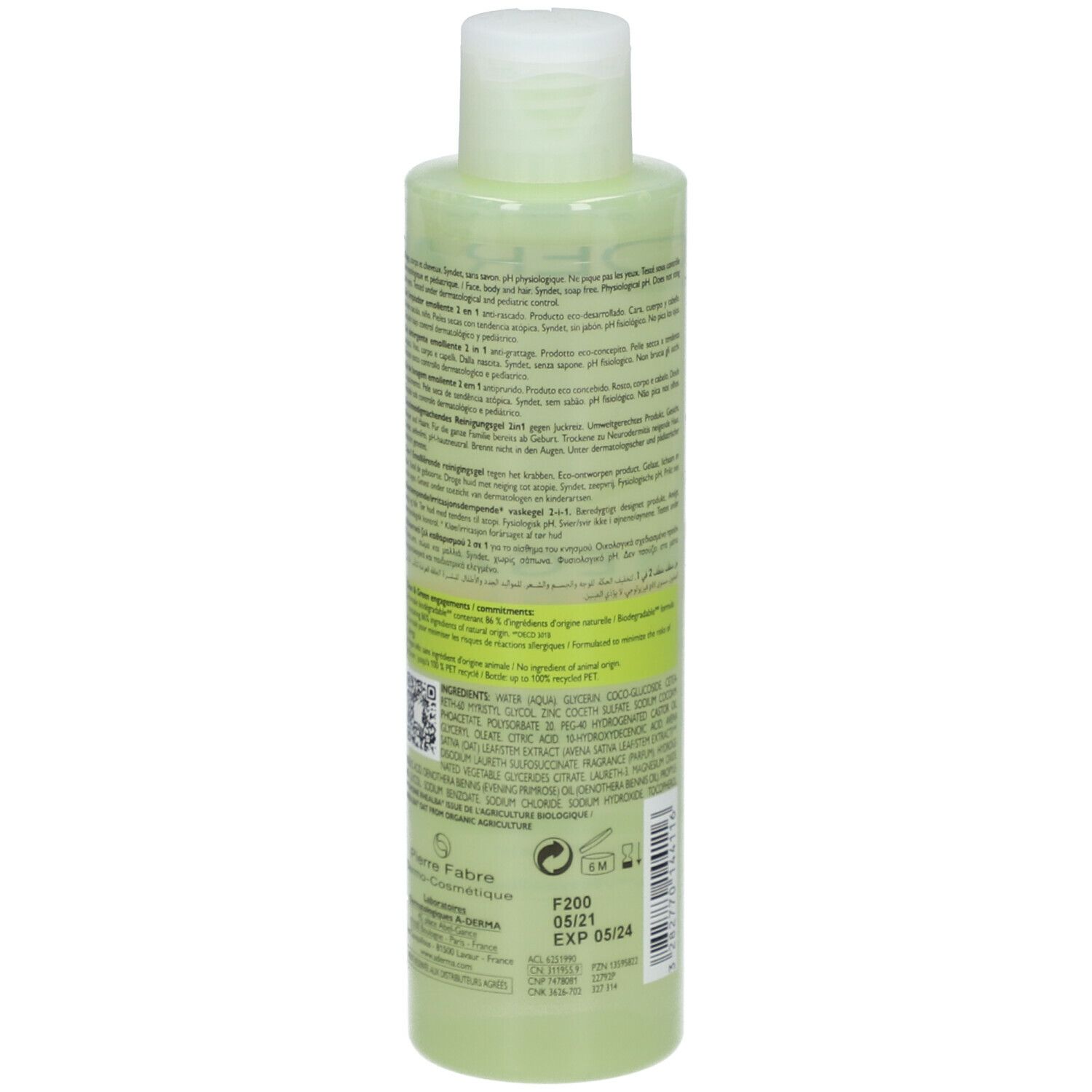 Dos du flacon. Texte: ingrédients, informations fabricant, code QR, logo de recyclage.