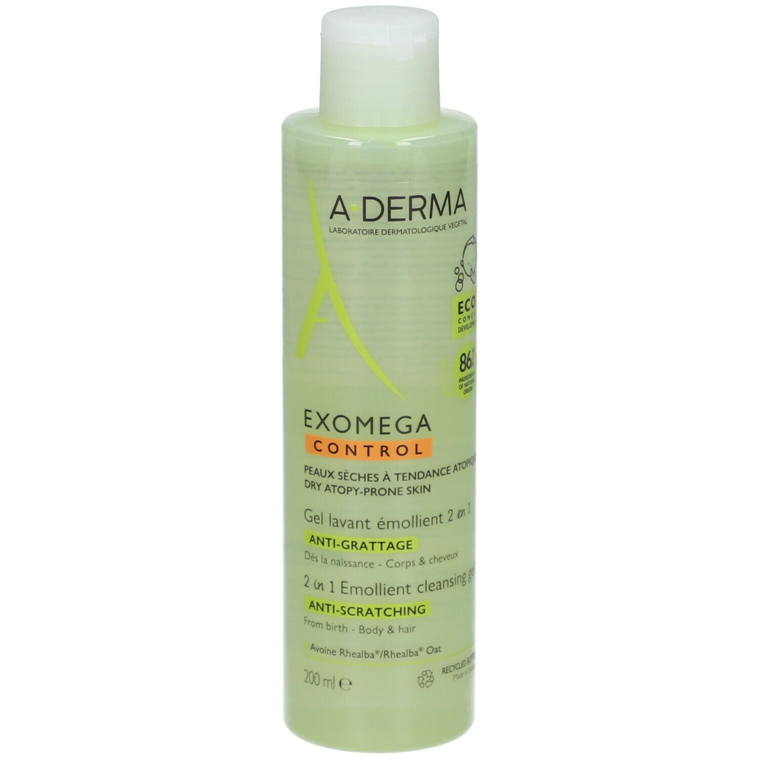 Flacon vert avec bouchon blanc. A-DERMA EXOMEGA CONTROL Gel. Texte: 2 en 1, anti-grattage.