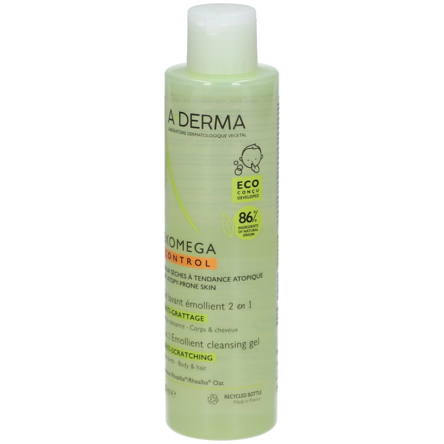 Flacon vert avec bouchon blanc. A-DERMA EXOMEGA CONTROL Gel. Texte: 2 en 1, anti-grattage. Label éco.