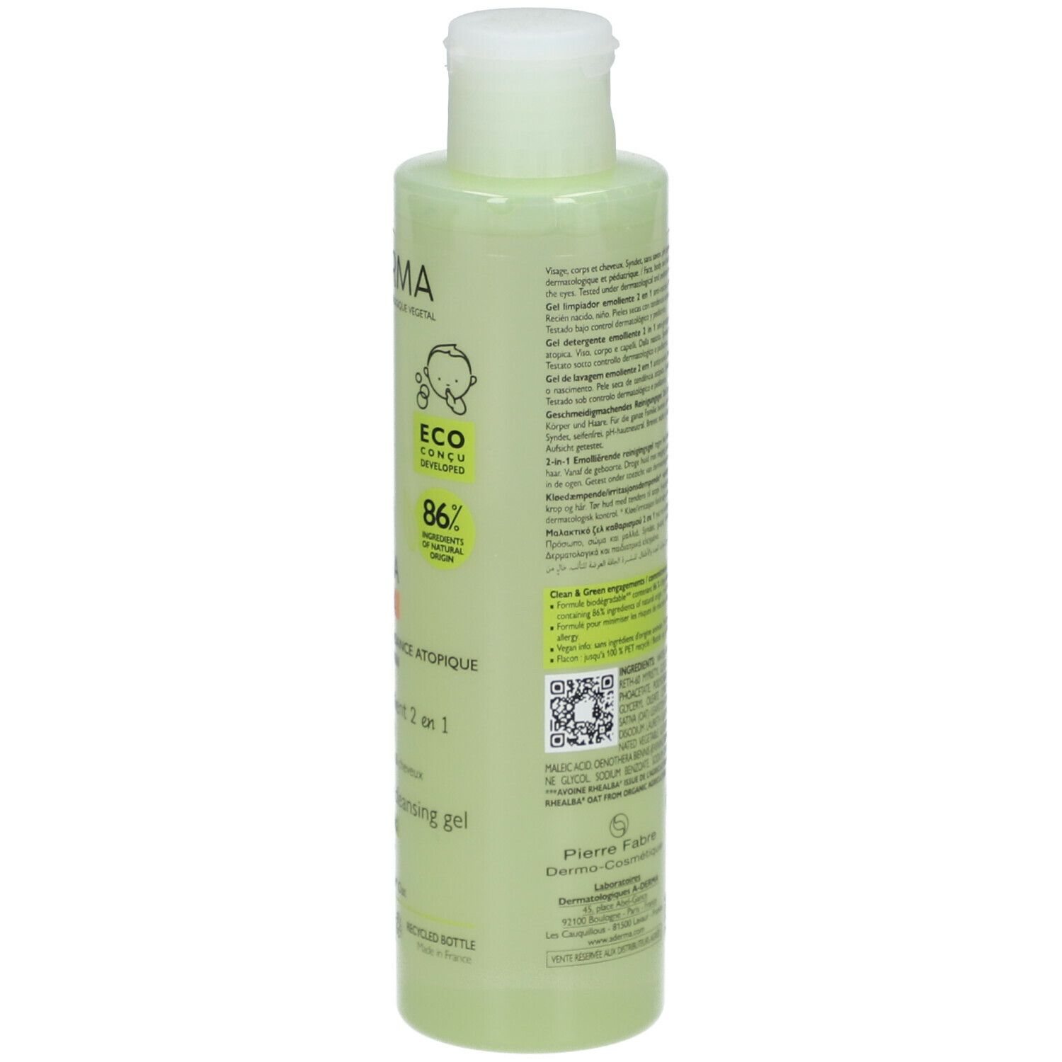 Flacon vert avec bouchon blanc. A-DERMA EXOMEGA CONTROL Gel. Texte: 2 en 1, anti-grattage. Label éco.