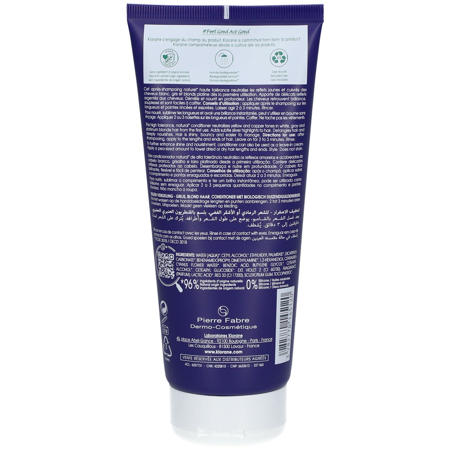 Rückseite der blauen Tube. Text und Logos. 96% natürliche Inhaltsstoffe. QR-Code und Recycling-Symbole.