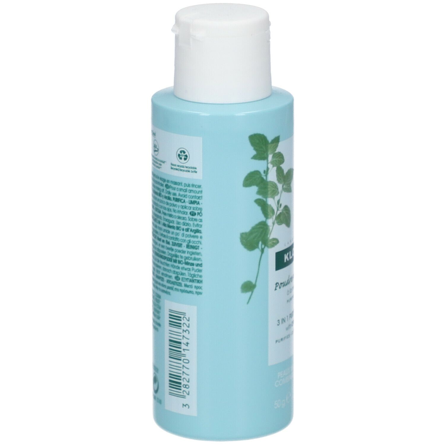 Dos d'un flacon bleu clair. Texte : informations sur le produit, ingrédients, fabricant. Divers logos et certifications.