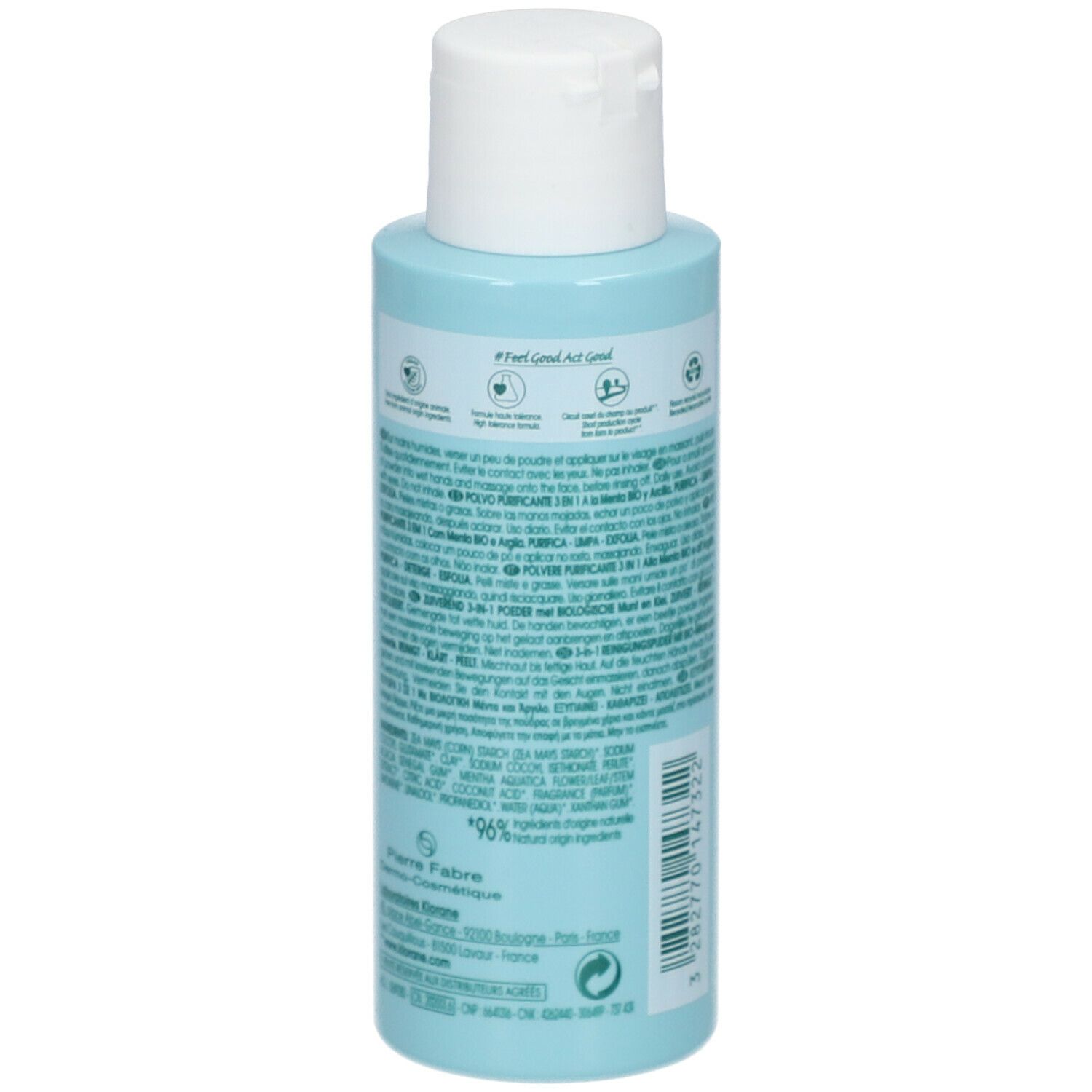 Dos d'un flacon bleu clair. Texte : informations sur le produit, ingrédients, fabricant. Divers logos et certifications.