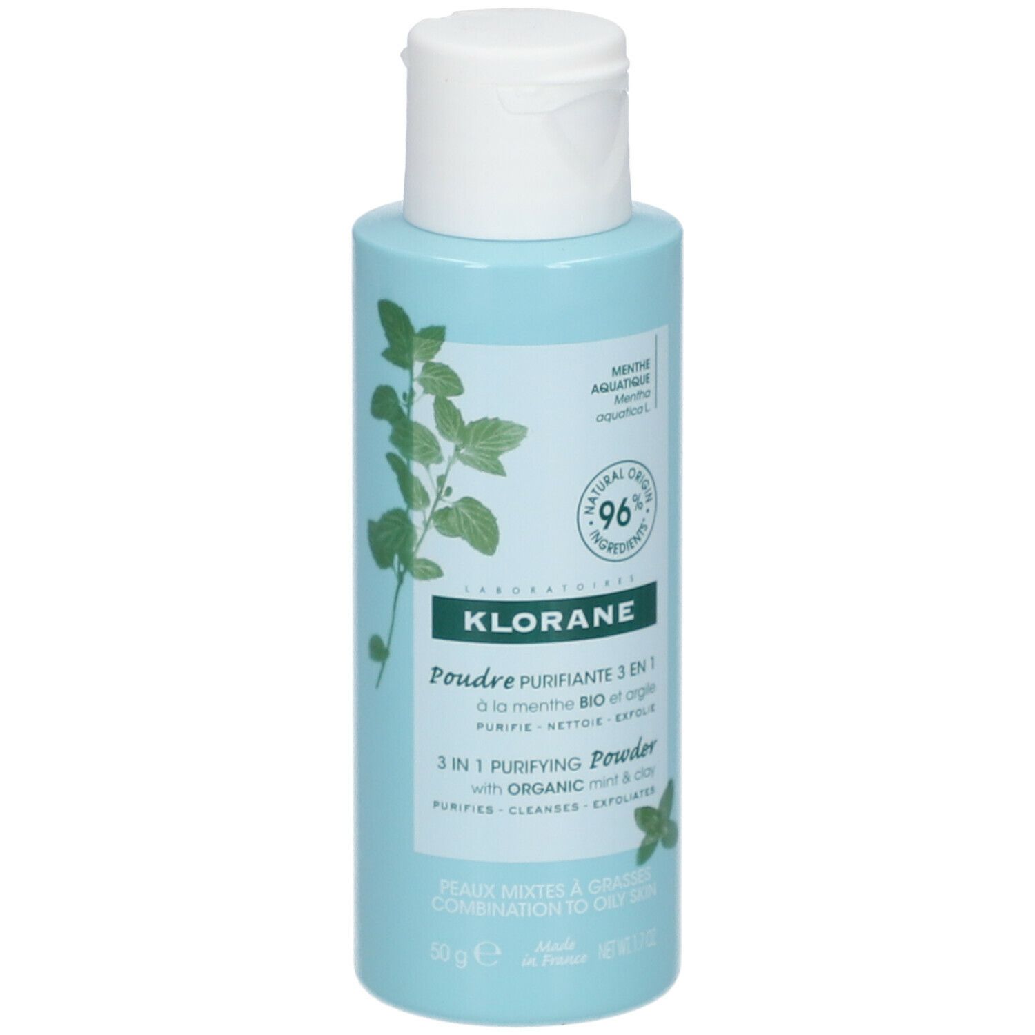 Flacon bleu clair avec bouchon blanc. Inscription : KLORANE, Poudre purifiante 3 en 1. 96% ingrédients naturels. Design menthe.