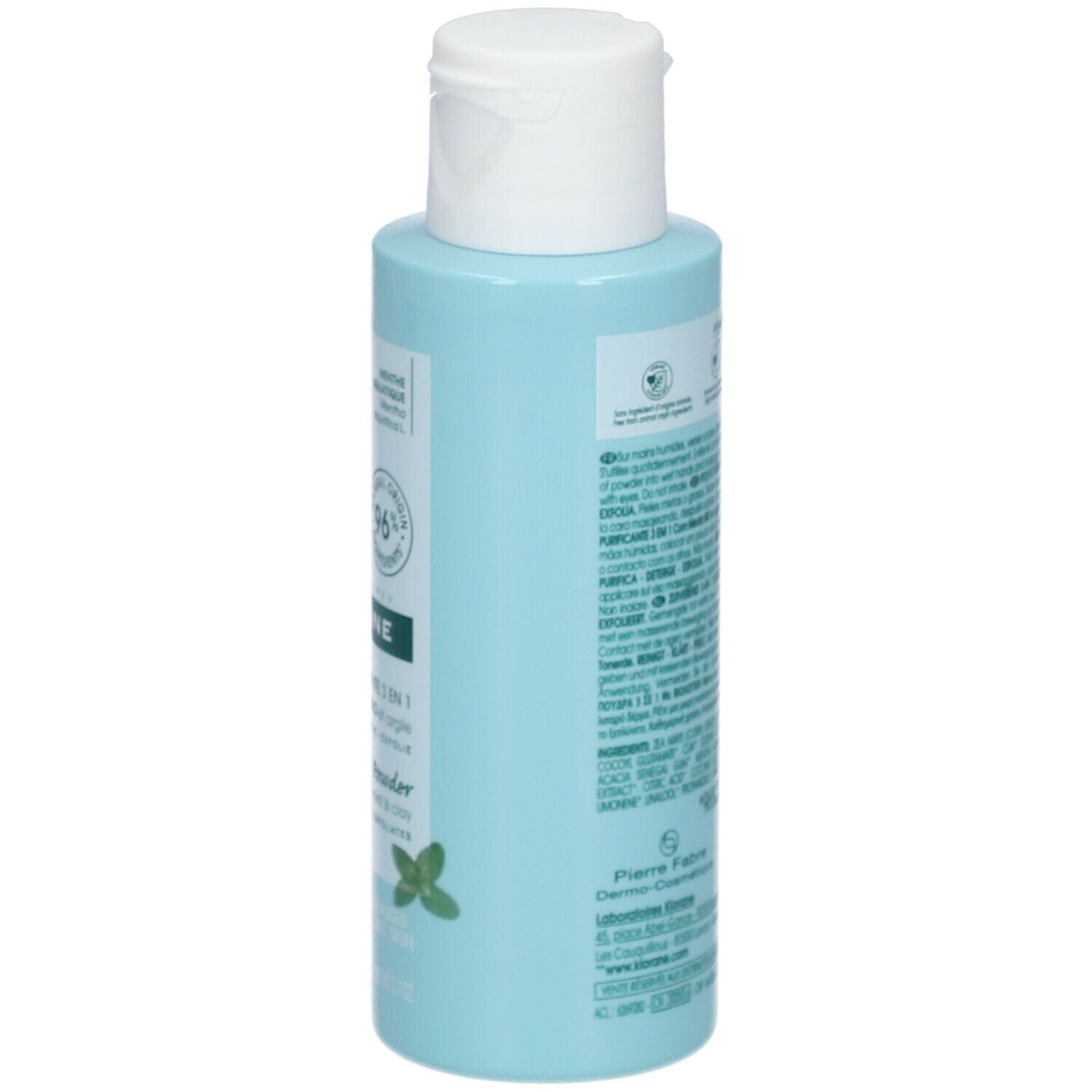 Dos d'un flacon bleu clair. Texte : informations sur le produit, ingrédients, fabricant. Divers logos et certifications.
