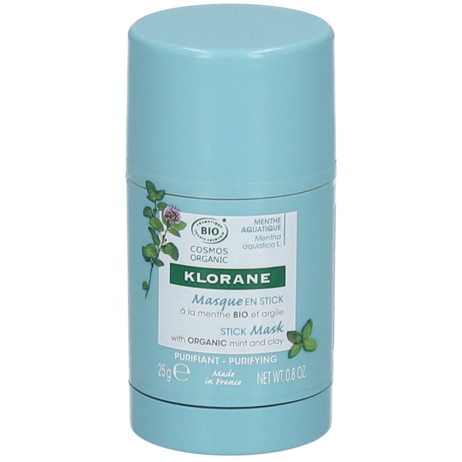 Masque en stick bleu clair. Inscription: KLORANE, Masque en Stick, à la menthe BIO et argile. Avec certification bio.